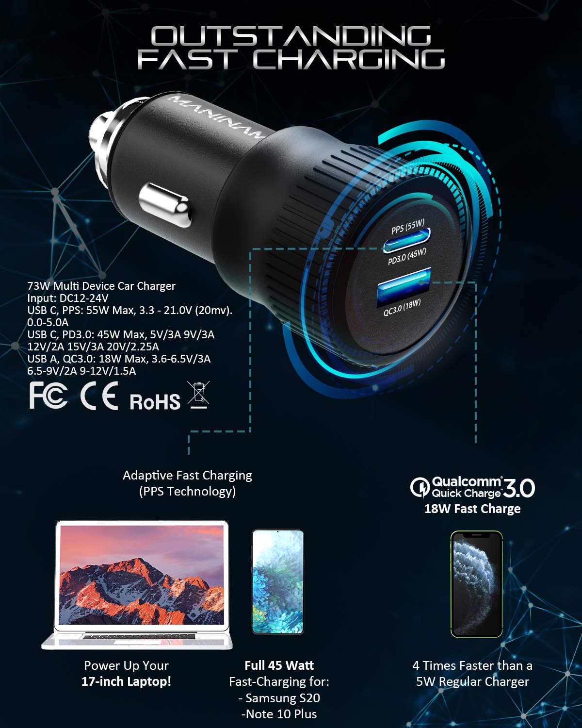 MANINAM All-Metal 73W Super Fast USB-C Car Charger M113 - PPS PD 3.0 Dual-Port Fast Charger 55W+18W for Samsung S24 S23 S22 Note 10 Plus iPhone 15 14