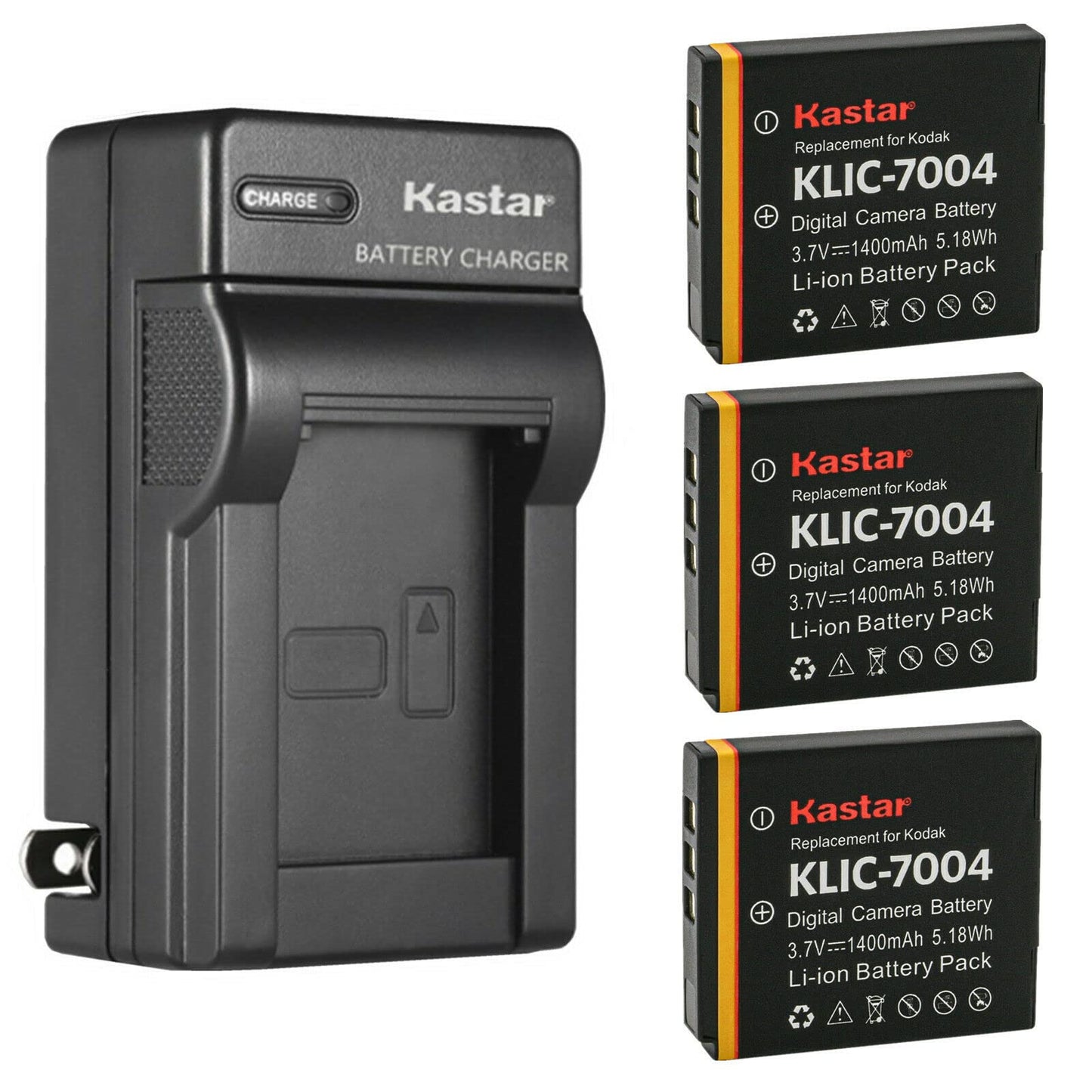 Kastar 3-Pack KLIC-7004 Battery and AC Wall Charger Replacement for Kodak KLIC-7004 K7004 Battery, Kodak K7700 Charger, Kodak Zi8, EasyShare V1233