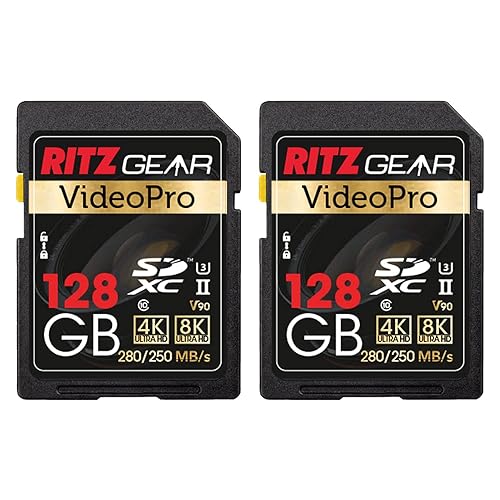 Ritz Gear 128GB High-Speed SDXC UHS-II SD Card, C10, U3, V90, Full-HD & 8K Memory Card for DSLR, Cinema-Quality Video Cameras (2 Pack)