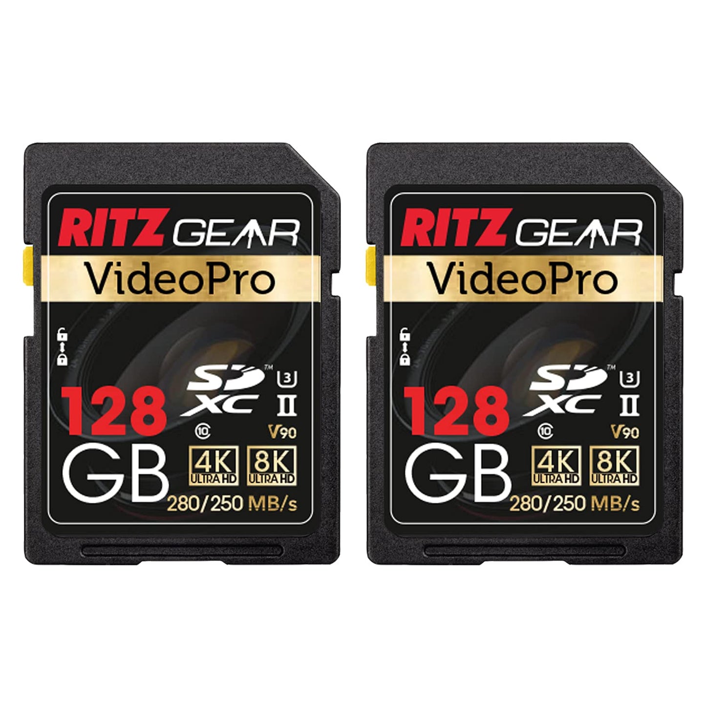 Ritz Gear 128GB High-Speed SDXC UHS-II SD Card, C10, U3, V90, Full-HD & 8K Memory Card for DSLR, Cinema-Quality Video Cameras (2 Pack)