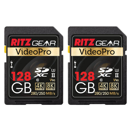 Ritz Gear 128GB High-Speed SDXC UHS-II SD Card, C10, U3, V90, Full-HD & 8K Memory Card for DSLR, Cinema-Quality Video Cameras (2 Pack)