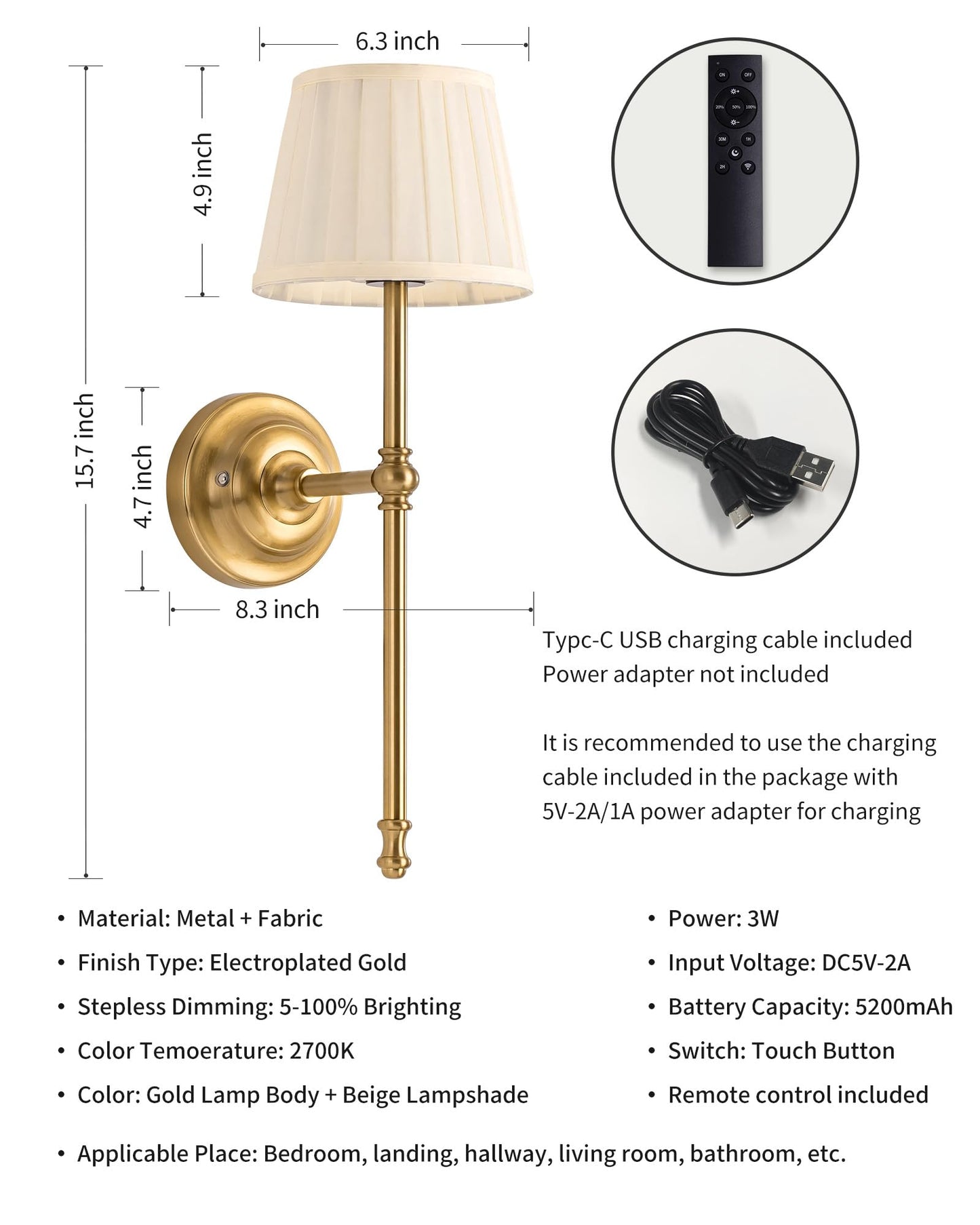 KDG Cordless Wall Sconces Set of 2, Small Wireless 5200mAh Rechargeable Battery Fabric LED Wall Lamps, Portables Lightings for Wall Painting, Living