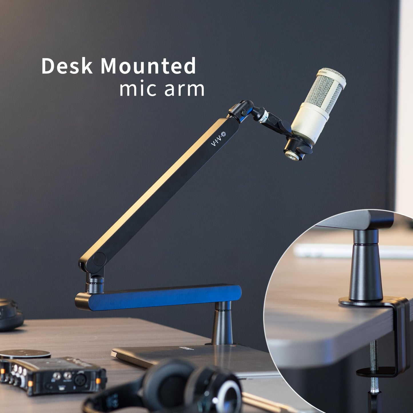 VIVO Low Profile Broadcast/Podcast Microphone Boom Arm Stand with 3/8 and 5/8 inch Screw Adapter, Heavy Duty Desk Mount, Professional Mic Stand with
