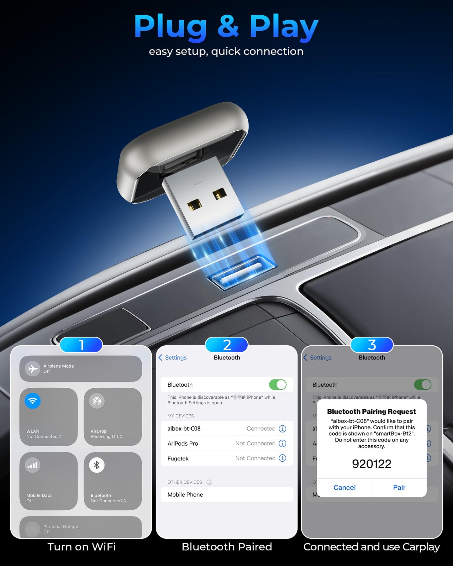 Wireless CarPlay Adapter for Apple iPhone - Upgrade Wired CarPlay to Wireless Device, Mini T-Shaped for Car USB Plug and Play Auto Reconnect, for GPS
