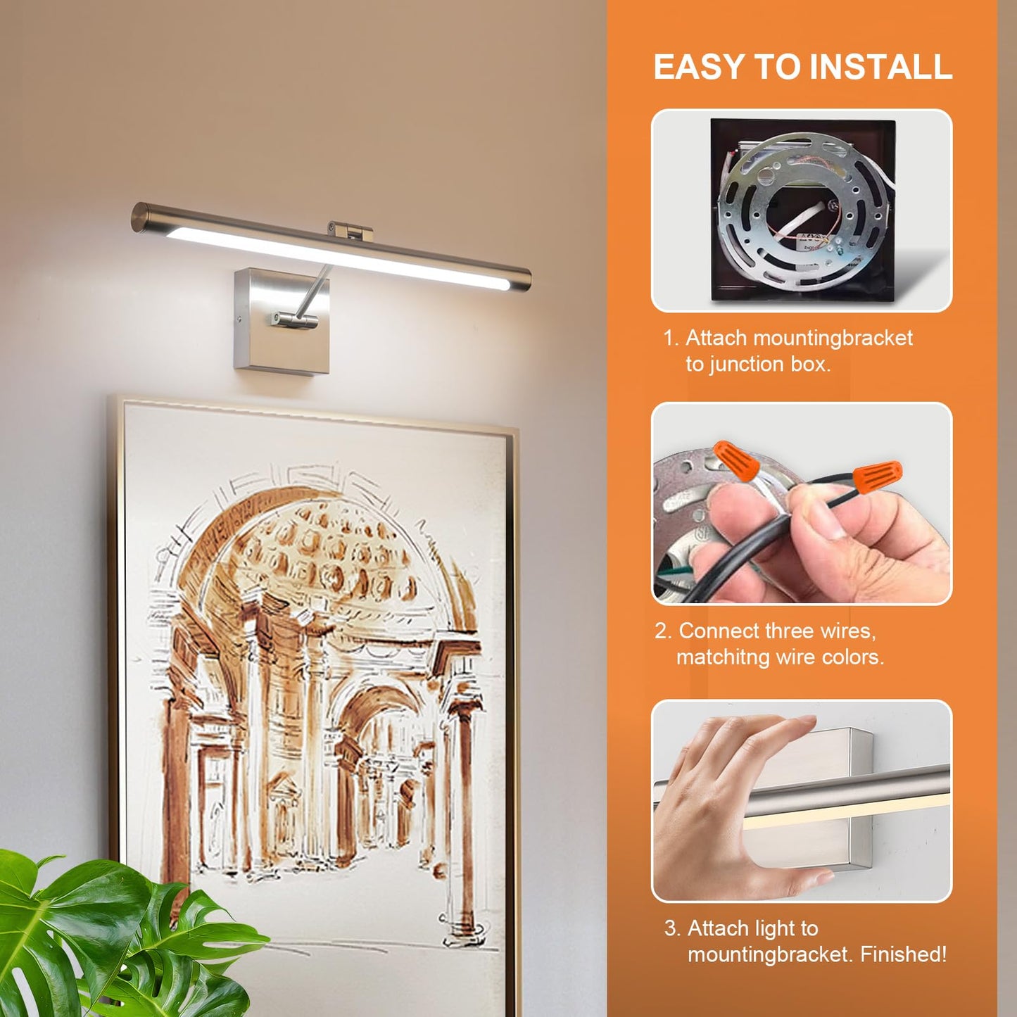 Joosenhouse LED Picture Lights Hardwired Dimmable 16.53" Inch Artwork Display Lamp with Swing Arm 7W(45W Eqv.), Hardwired Connection, 3000K Warm