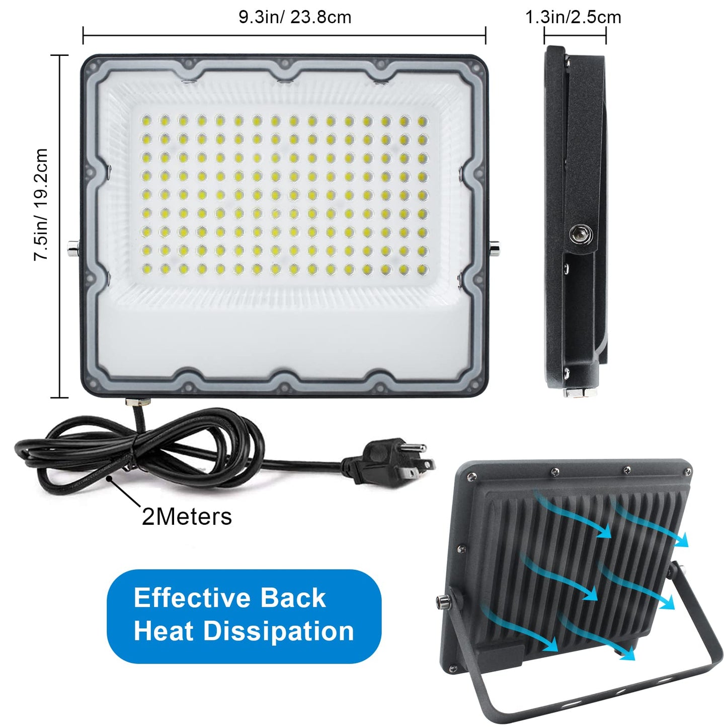 Indmird 150W LED Flood Lights Plug in, Outdoor Security Lights Fixtures 6500K 15000LM Illumination, IP66 Waterproof White Lighting for Ball Ground