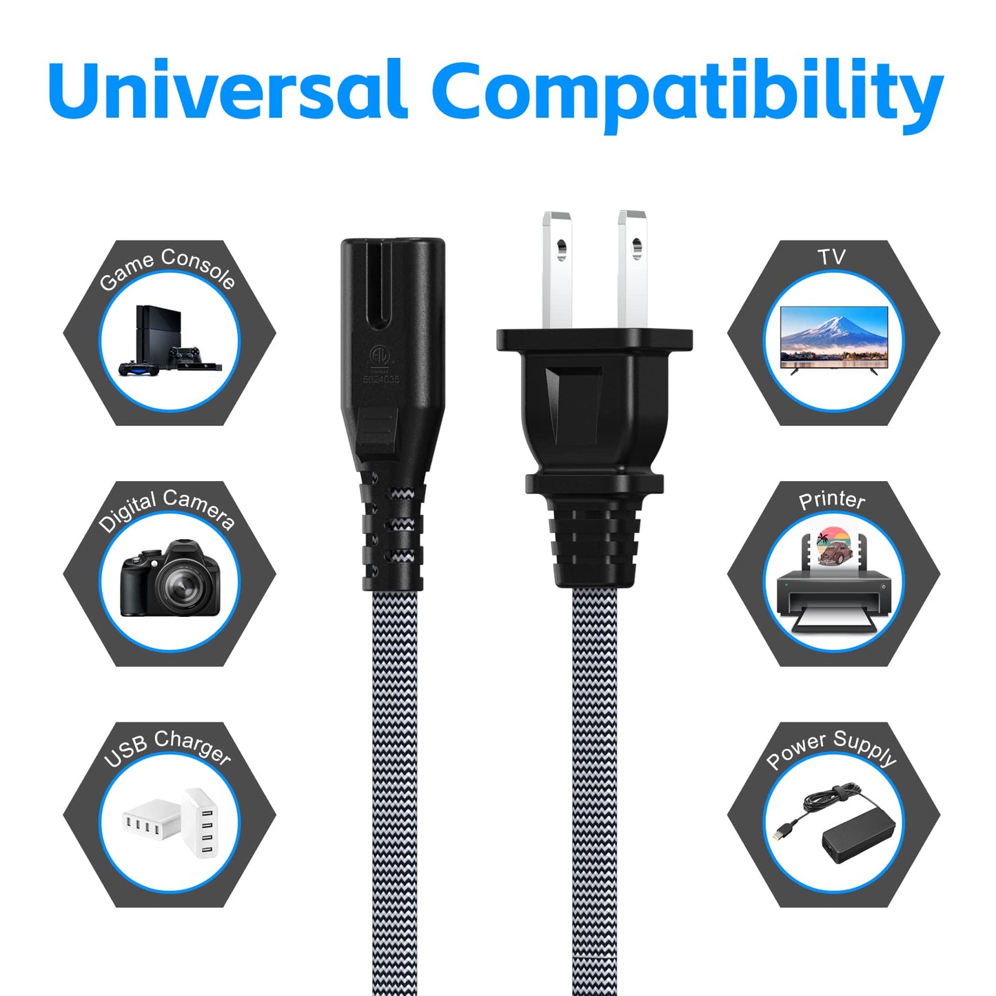 AC Power Cord 10FT (1 Pack), 2 Prong TV Power Cord, Nylon Braid Cable Replacement for Xbox, PS3, PS4, PS5, Compatible for Printer, Monitor, Sound Bar