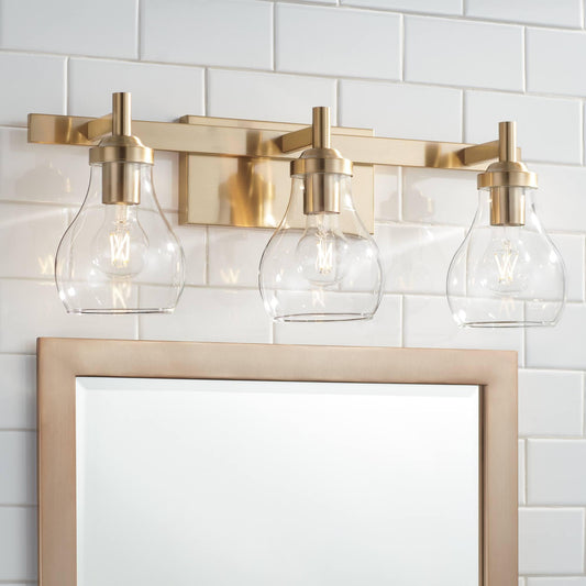 Possini Euro Design Danvers Modern Wall Light Warm Brass Gold Metal Hardwired 22 1/2" 3-Light Fixture Clear Globe Glass Shades for Bedroom Bathroom