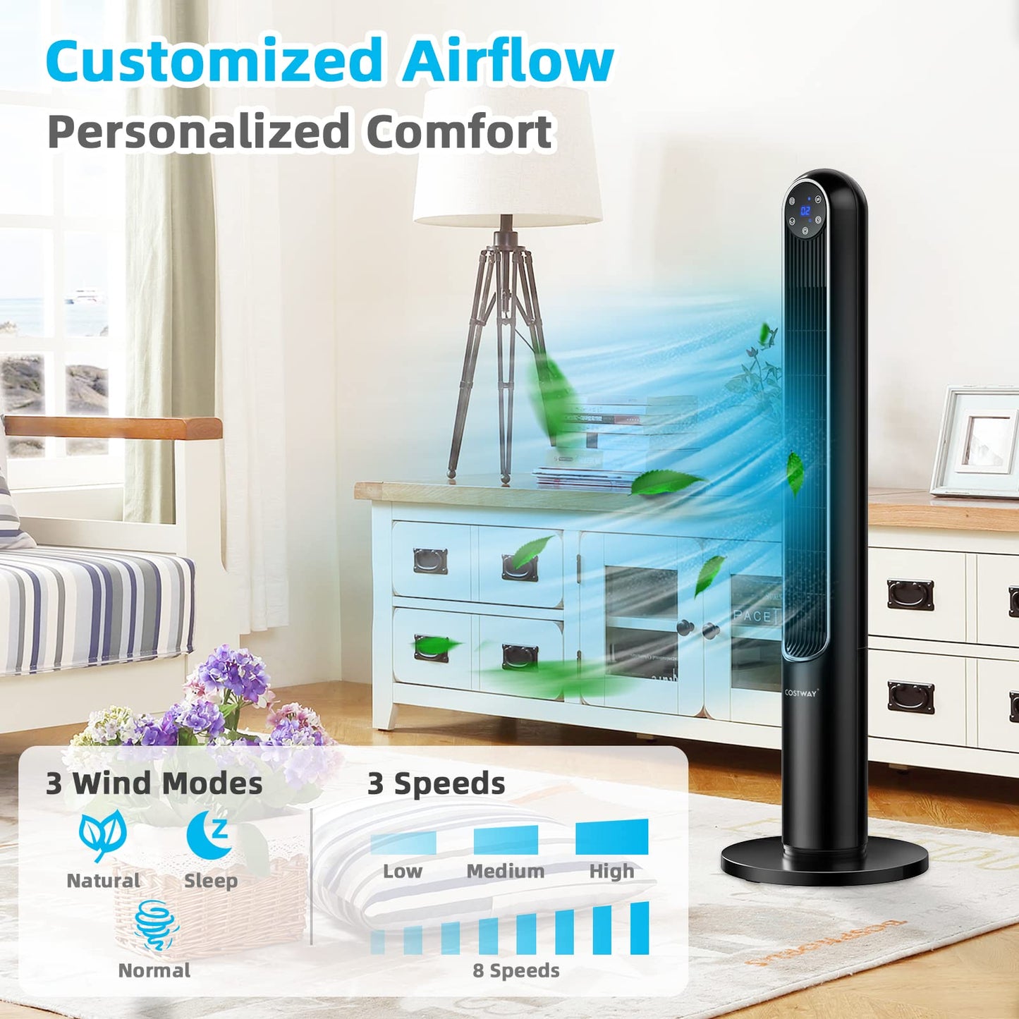 CLEEMAN 42’’ Oscillating Bladeless Tower Fan with Remote, Electric Standing Floor Fan with 3 Wind Speeds, 3 Modes, LED Control Panel, 12H Timer