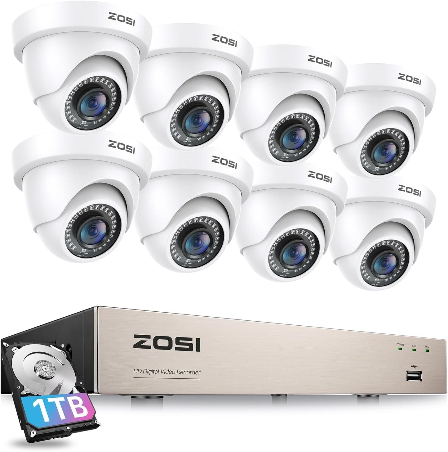 ZOSI 8CH Home Security Camera System Outdoor Indoor,H.265+ 8Channel 1080P DVR with 1TB HDD,8pcs Weatherproof Surveillance CCTV Dome Cameras,Night