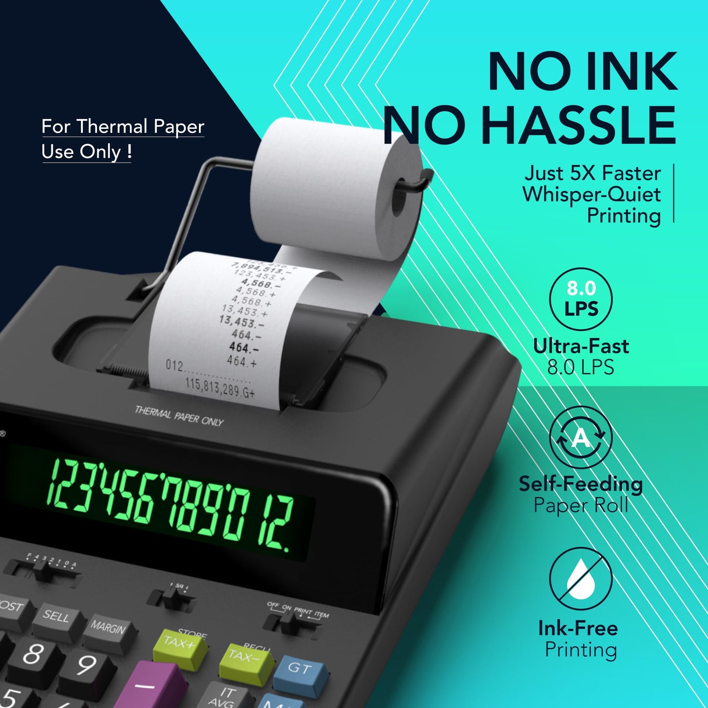 CATIGA 12 Digit Thermal Printing Calculator with Tape Print Out, Ink-Free Adding Machine, 5X Faster Quite at 8.0 LPS, Extra Large Fluorescent Display