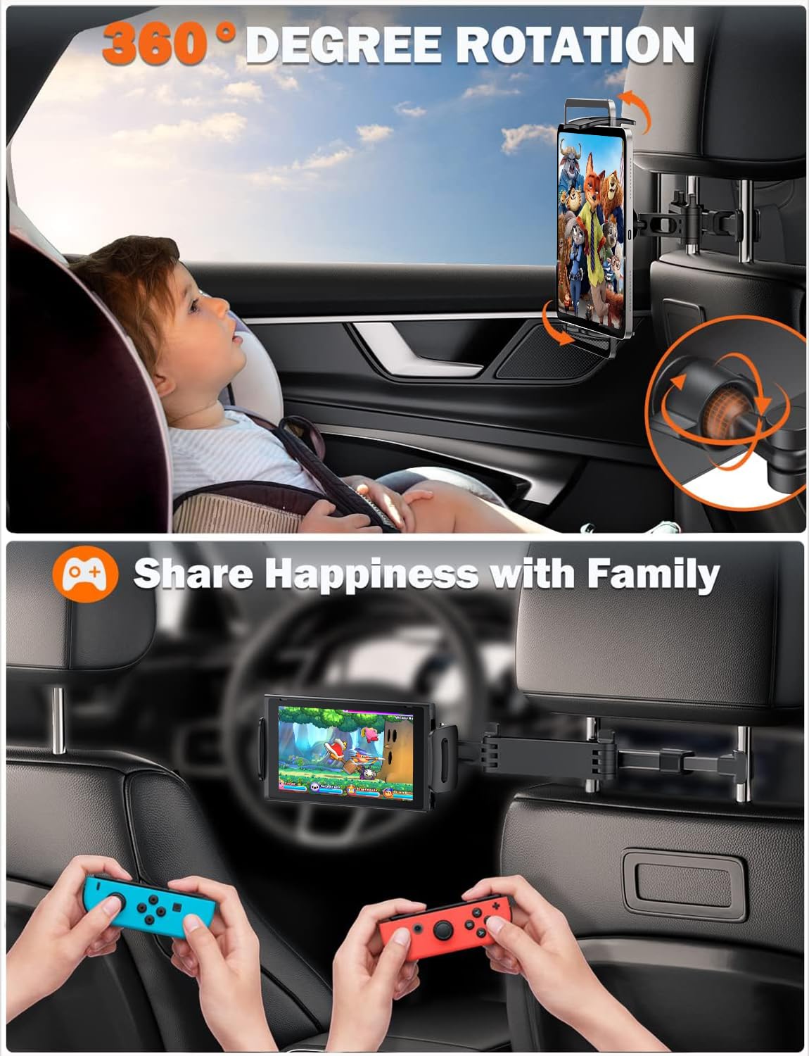 Tryone Car Headrest Tablet Holder Mount Stretchable Backseat Tablets Stand for Kids, Car Seat Mounts Compatible with iPad Pro 12.9 Air Mini, iPhone