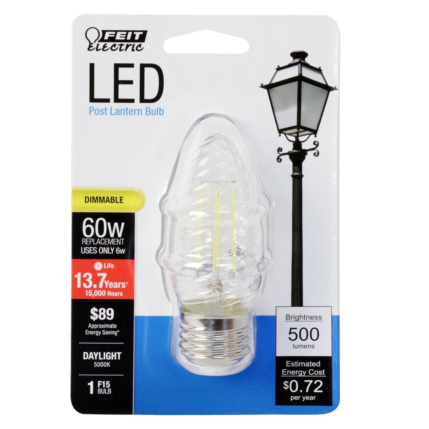 FEIT BPF1560/850/FILED 500 Lumen 5000K Dimmable F15 Post Lantern LED Bulb