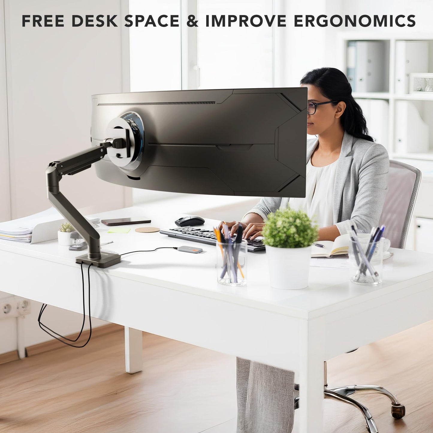 Mount-It! Proflex Series Heavy-Duty Monitor Desk Mount, Fits 17-49” Ultrawide Curved Screens, Full Motion Gas Spring Arm, 44 lbs Capacity, USB-C & USB