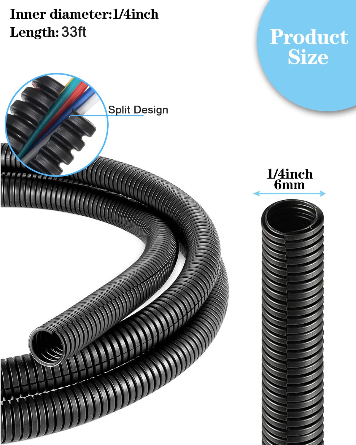 1/4 Inch Wire Loom Split Tubing - 33 ft Cord Protector Electric Wires Covers, Automotive Wire Flexible Conduit, Plastic Wire Cover(1/4"- 33ft, Black)