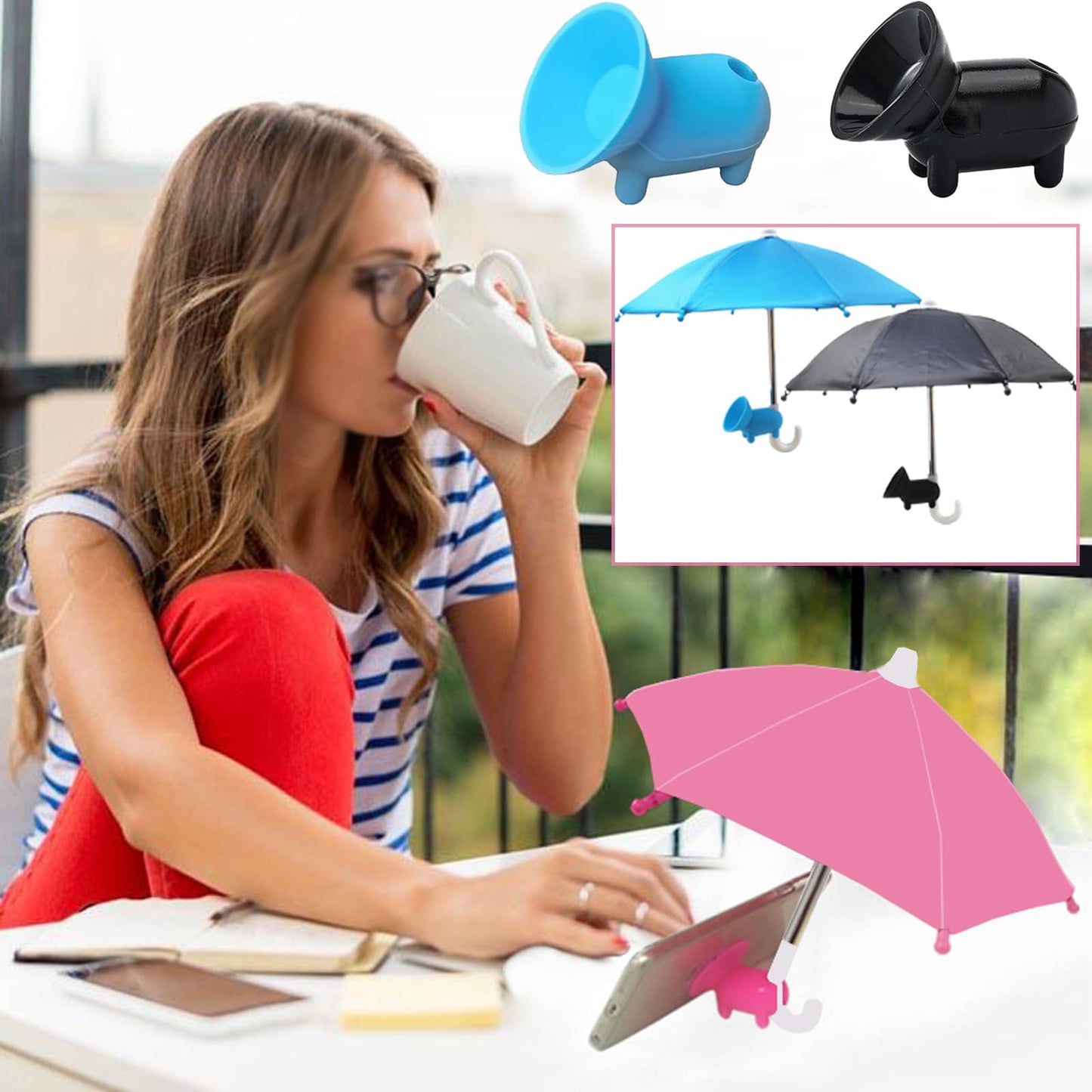 Wzttdm 3 Pcs Phone Umbrella Cell, Phone Umbrella for Sun Shad with Suction Cup Stand, Outdoor Sun Phone Umbrella Mobile Holder for Phone