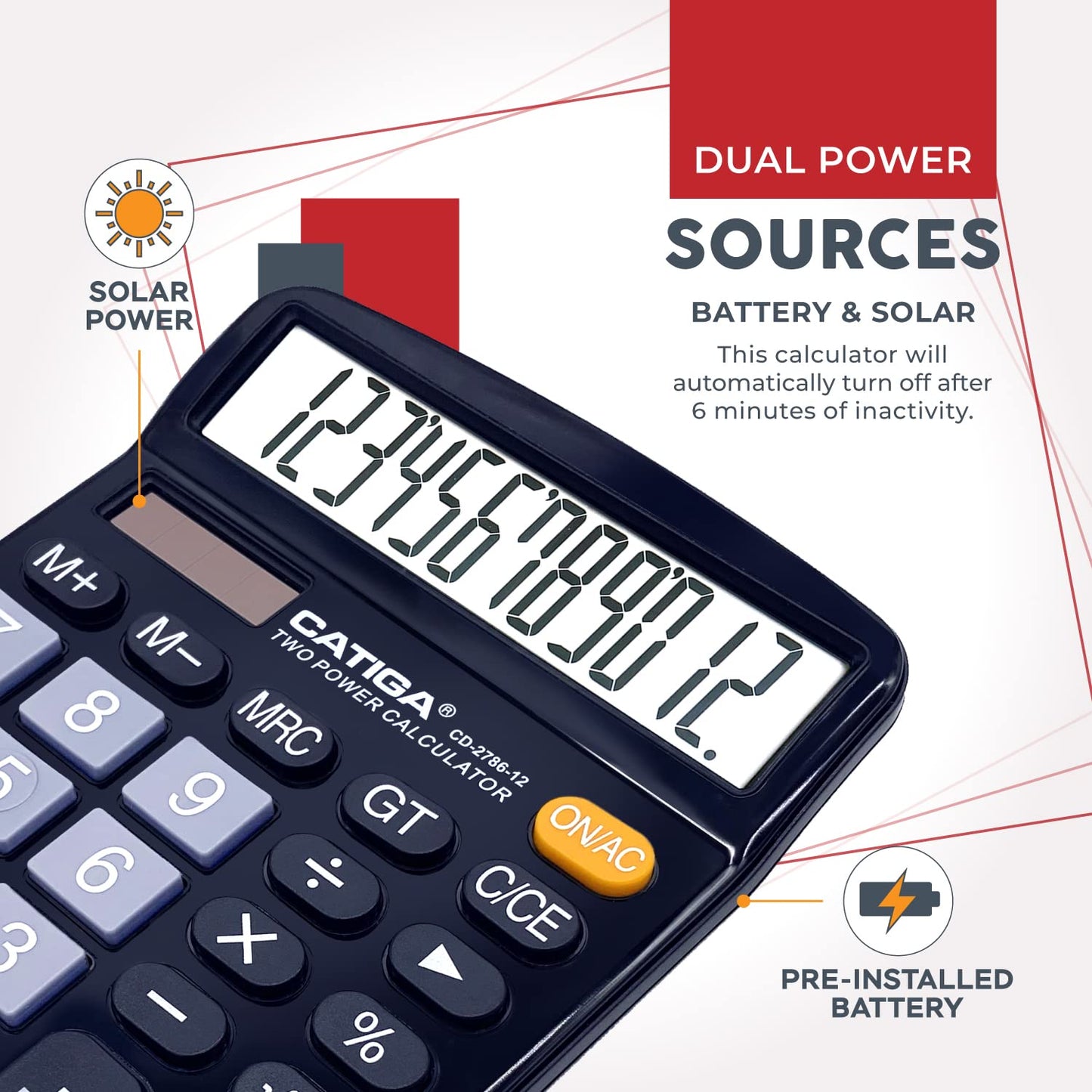CATIGA 12 Digit Desk Calculator, Desktop Calculators with Large LCD Display & Big Buttons, Dual Power Solar & Battery, Standard Basic 4 Function