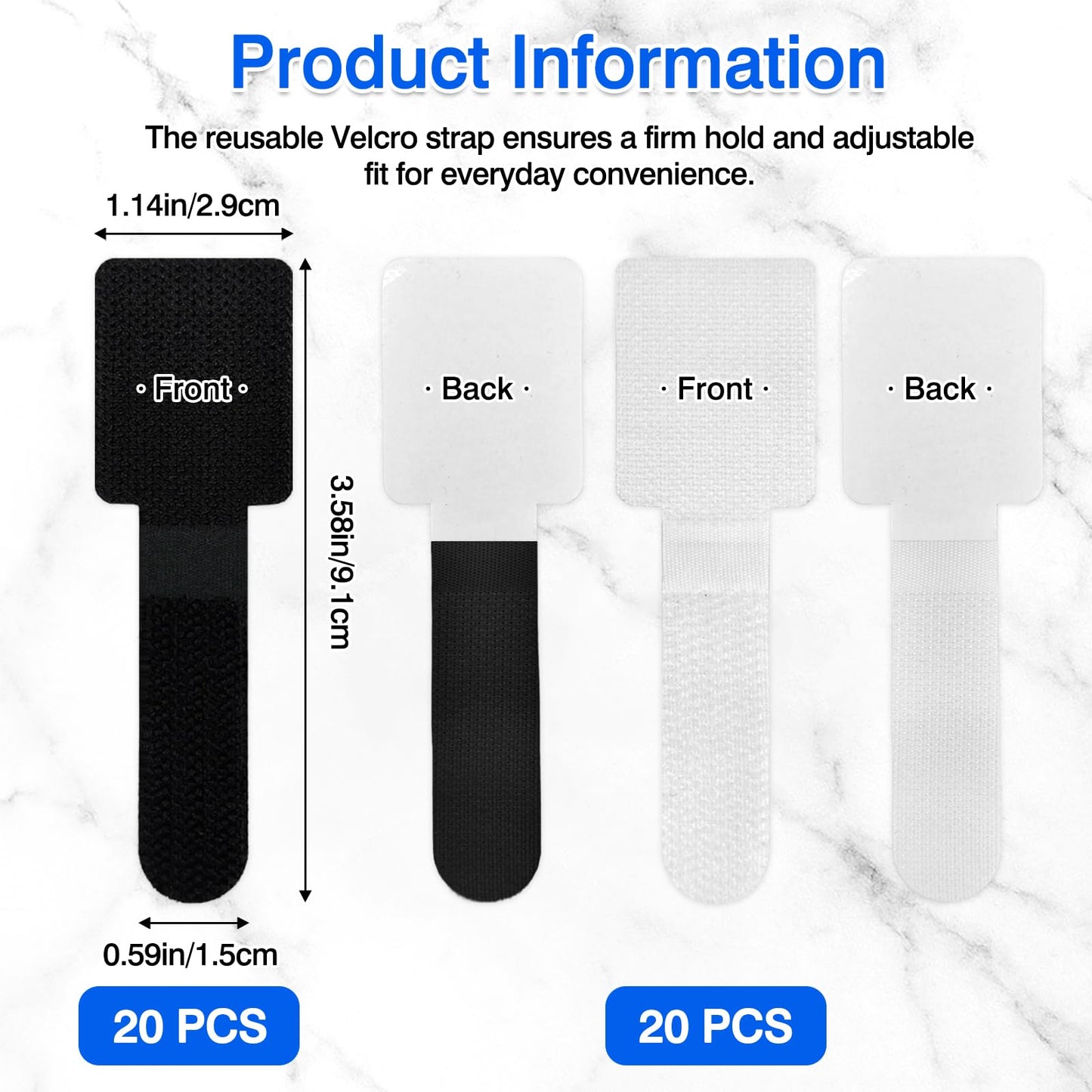 40-Pack Self-Adhesive Hook and Loop Cable Ties - Adjustable Sticky-Back Cord Organizer Straps for Home, Office & Workshop