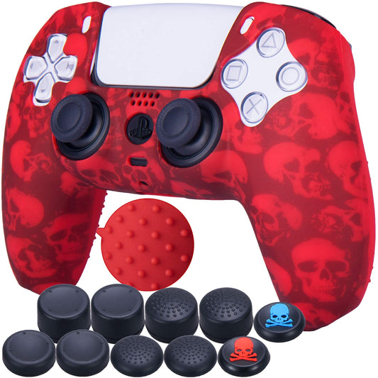 9CDeer 1 Piece of Silicone Transfer Print Protective Cover Skin + 10 Thumb Grips for PS5 Controller Skull Red
