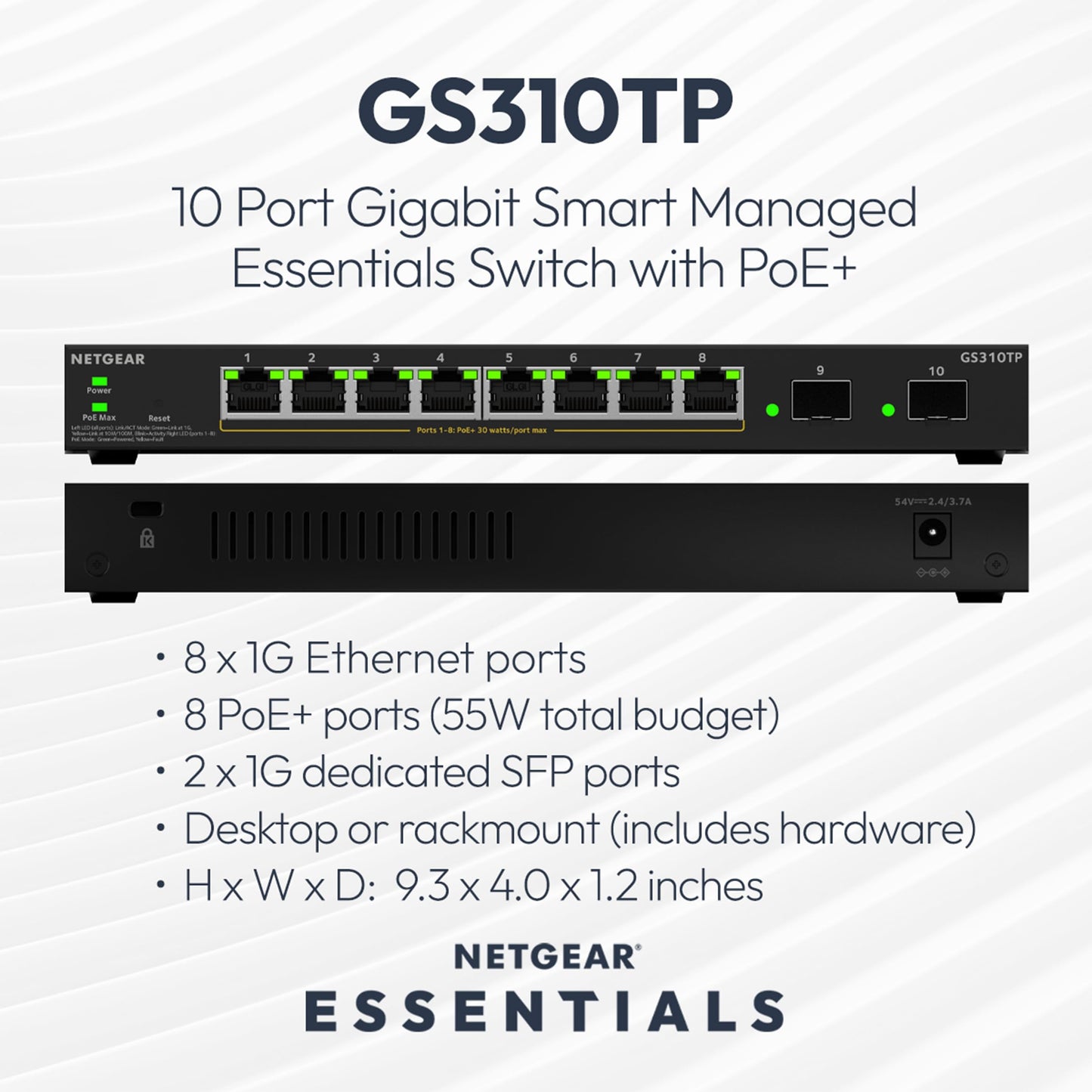 NETGEAR S350 Series 10-Port Gigabit Ethernet PoE+ Smart Managed Essentials Switch - 8 x 1G PoE+ @ 55W, 2 x 1G Dedicated SFP - Desktop or Wall-Mount