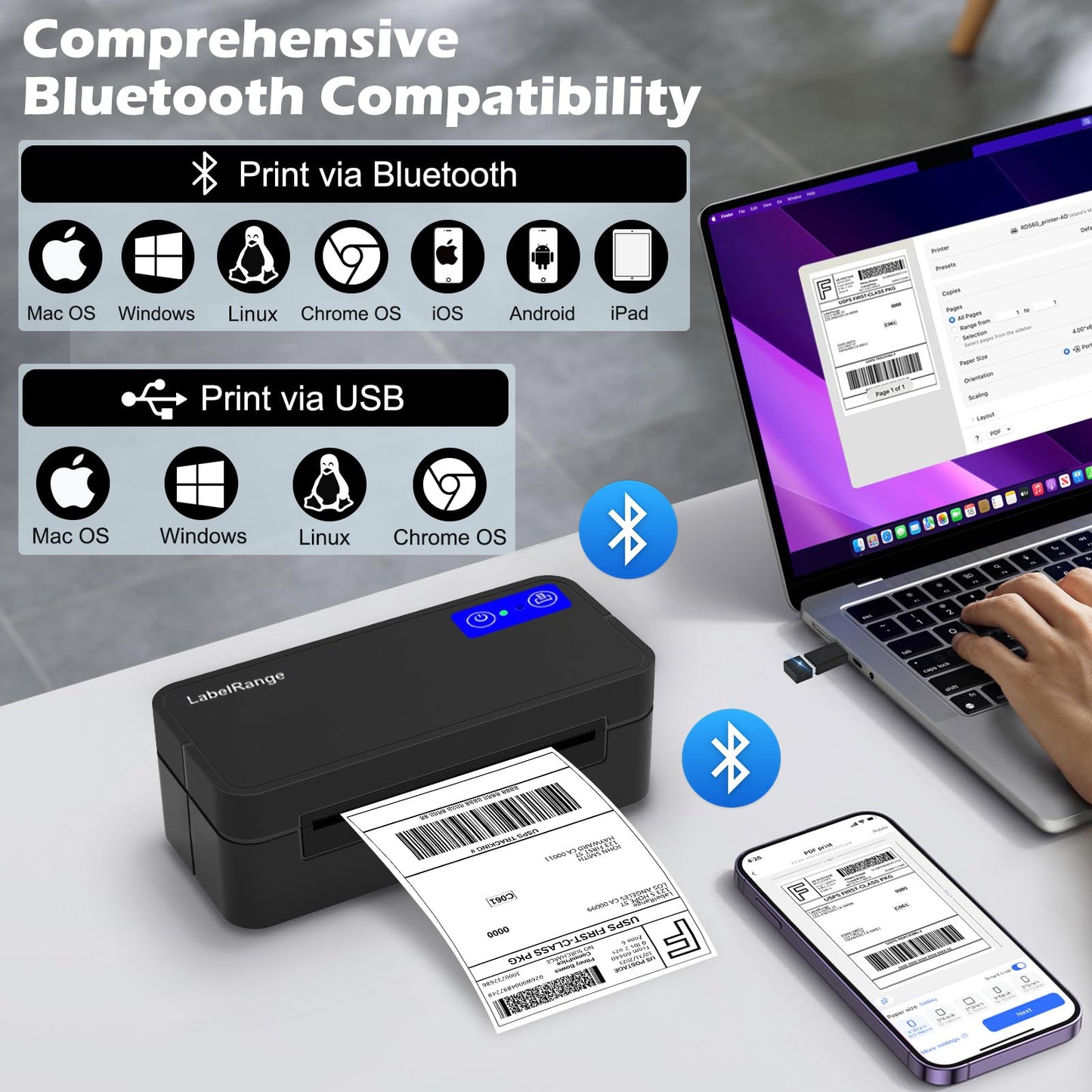 Bluetooth Thermal Label Printer for Mac, Windows, Phone, Tablet, Wireless 4x6 Shipping Label Printer for Shipping Packages, Support USPS, Ebay