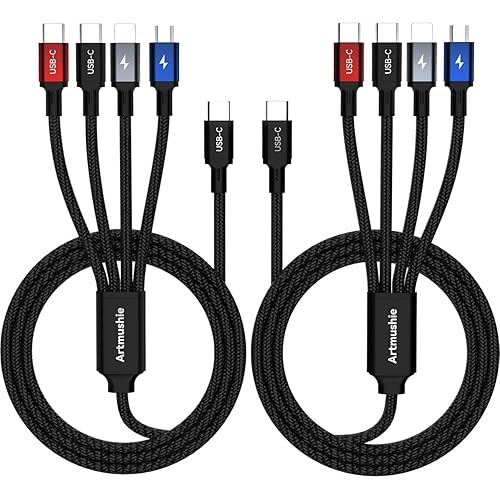 Artmushie 4-in-1 Multi Charging Cable [2-Pack, 6.6ft] - USB-C to USB-C, Lightning & Micro USB with Dual USB-C,Charger Cord for iPhone 14/15/16/17