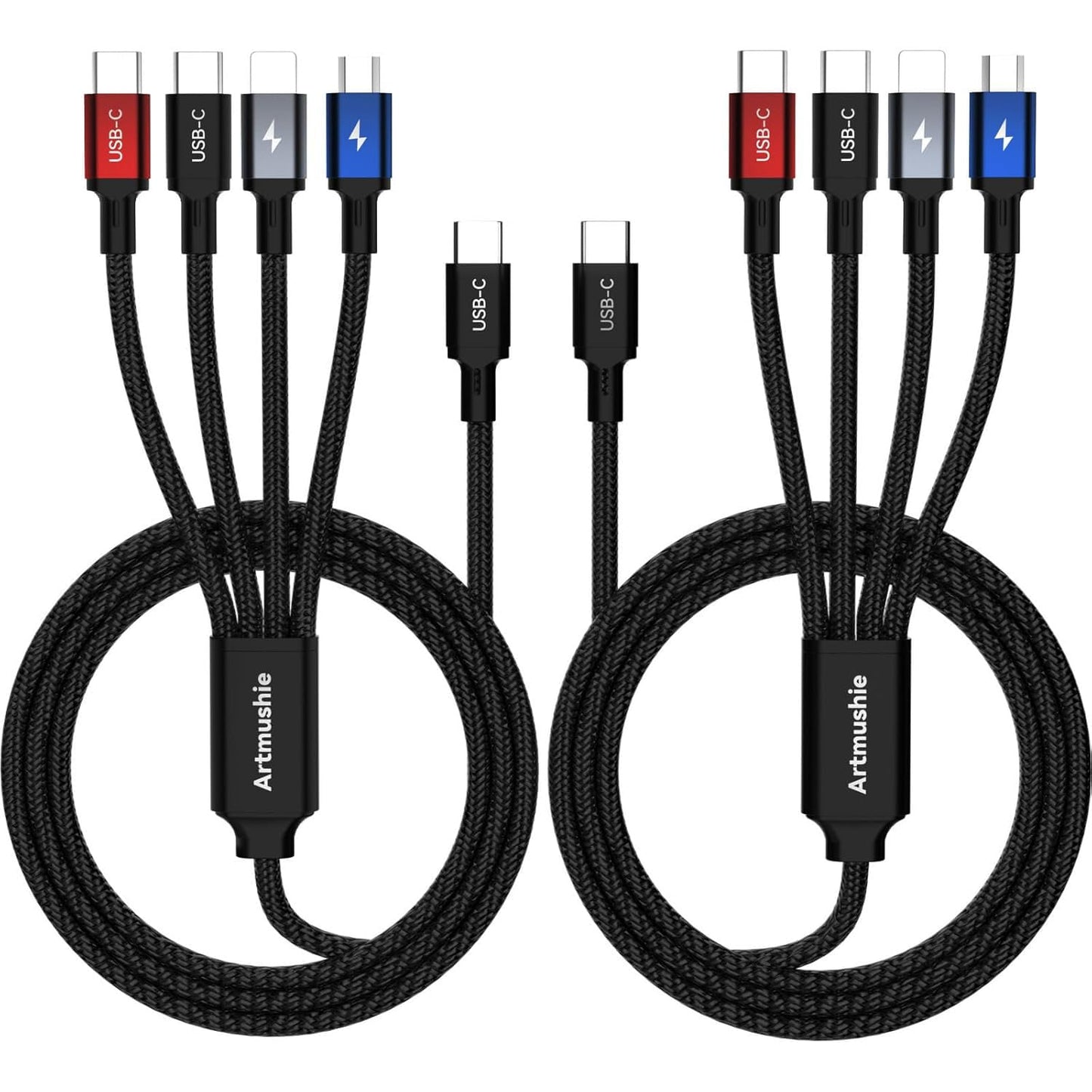 Artmushie 4-in-1 Multi Charging Cable [2-Pack, 6.6ft] - USB-C to USB-C, Lightning & Micro USB with Dual USB-C,Charger Cord for iPhone 14/15/16/17