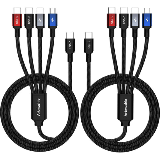 Artmushie 4-in-1 Multi Charging Cable [2-Pack, 6.6ft] - USB-C to USB-C, Lightning & Micro USB with Dual USB-C,Charger Cord for iPhone 14/15/16/17