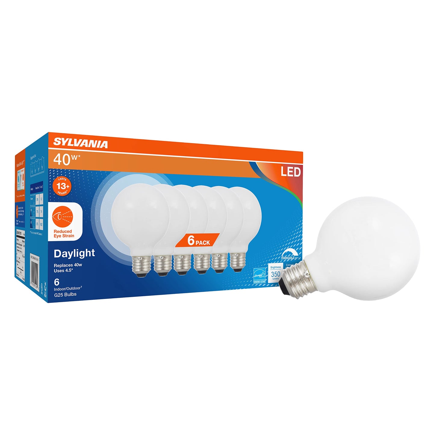 Sylvania Reduced Eye Strain G25 Globe LED Light Bulb, 40W = 4.5W, 13 Year, Dimmable, Frosted, 5000K, Daylight - 6 Pack (41242)