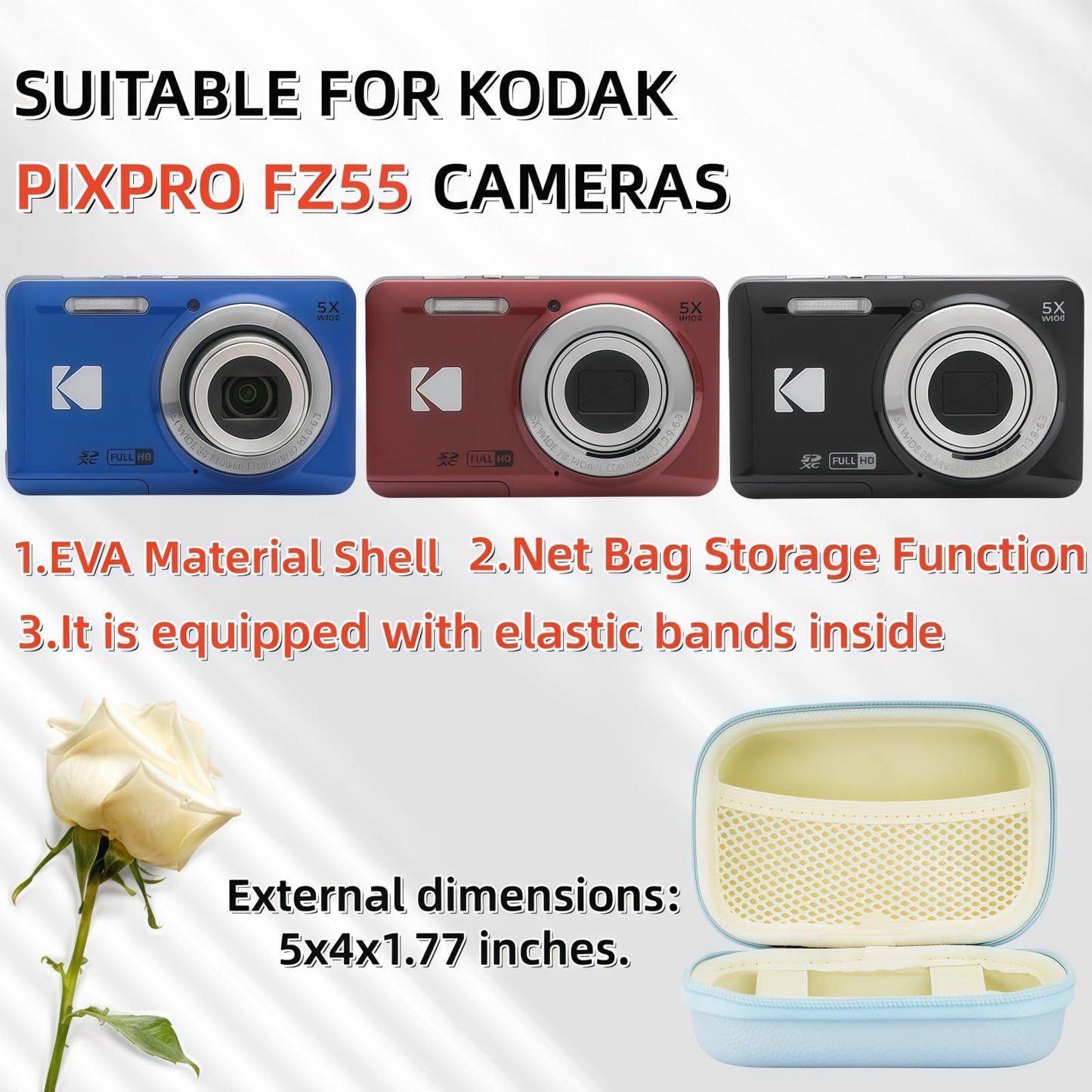 Case for Kodak PIXPRO FZ55,FZ55 Accessories, 1* Hard Carrying Case + 1* Soft Silicone Protective Cover with Removable Lens Cover,Comes with 2 Screen