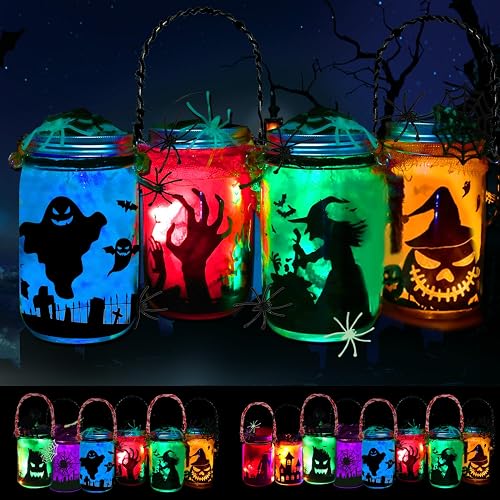 4 Pack Halloween DIY Lantern Jar Craft Kit Decor Supplies Gifts ,Halloween Crafts for Kids Ages 4-12 ,for Adult ,Crafts Activities for School, Indoor