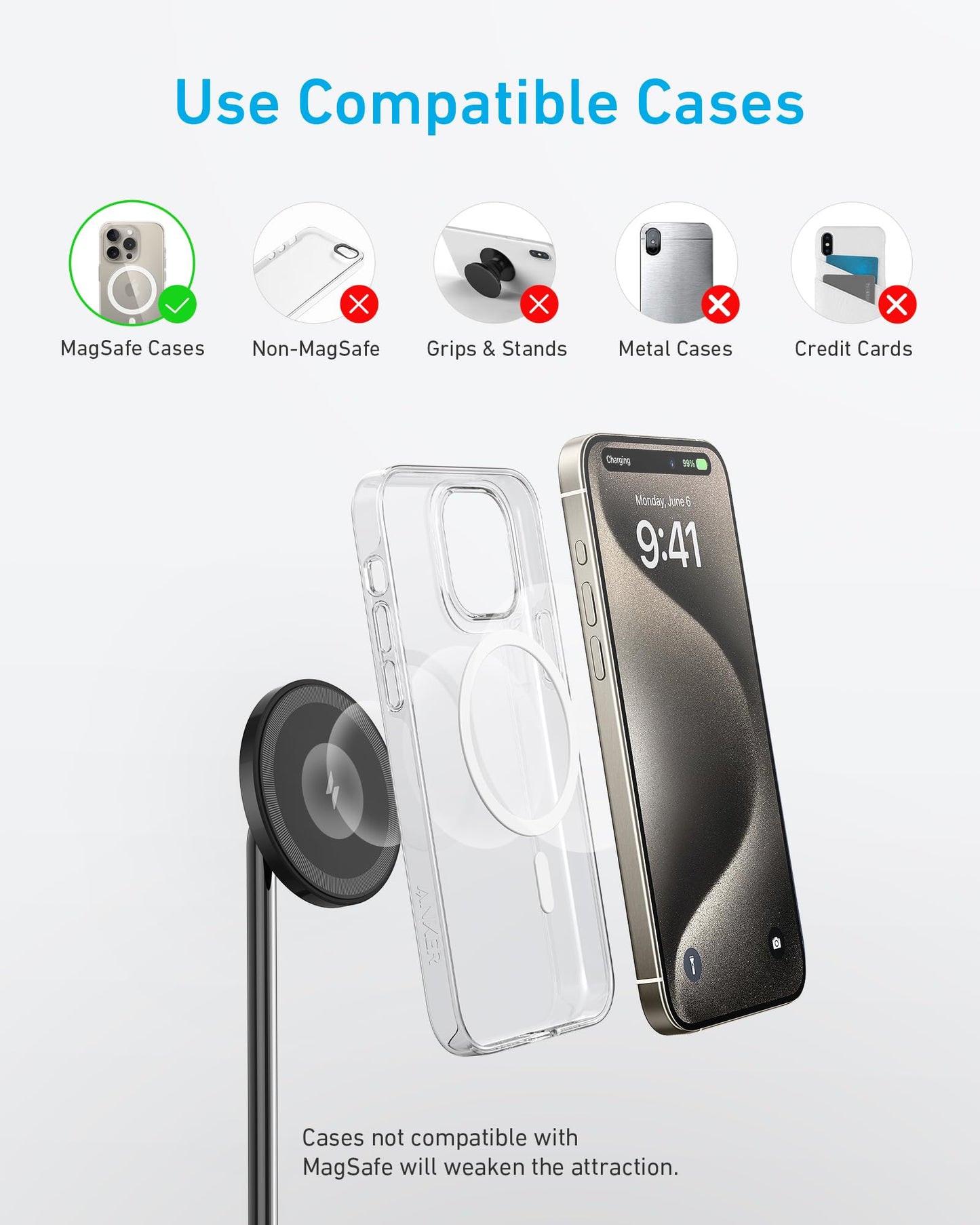 Anker iPhone 16 Wireless Charging Stand, PowerWave 2-in-1 Magnetic Stand Lite with USB-C Cable, for iPhone 16/16 Pro/16 Plus/16 Pro Max/15/14/13
