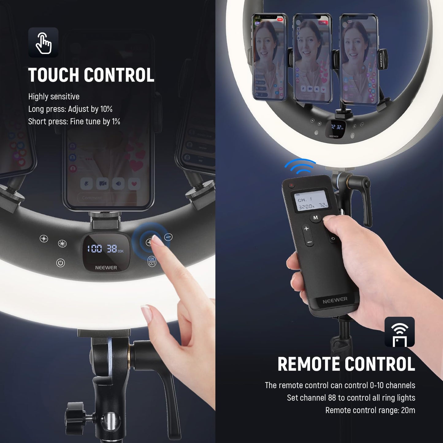 NEEWER RP19H 19" Ring Light with Tripod Stand/3 Phone Holders/Cleaning Cloth Compatible with iPhone, 2.4G Touch Control LED Ringlight for Video