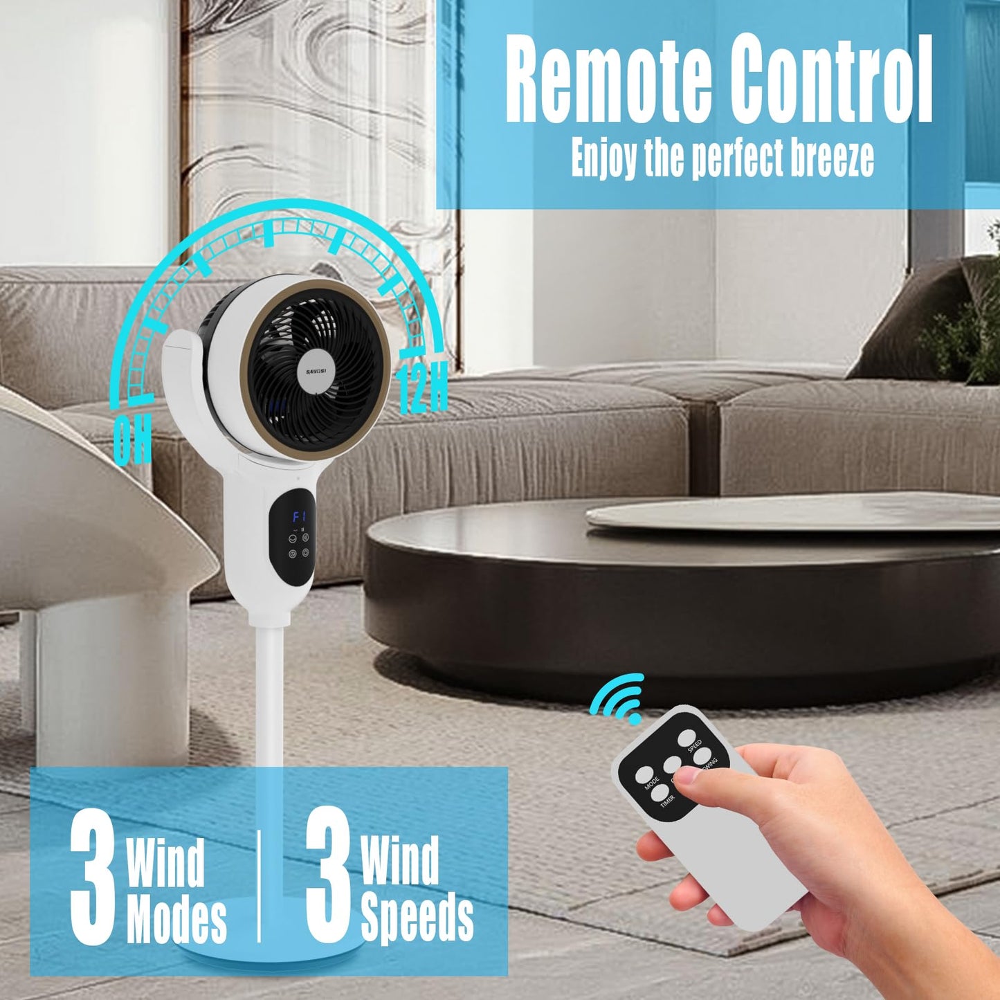 SAYDSI Fan for Bedroom,Auto 90° Oscillating Standing Tower Fan,100ft Electric Cooling Pedestal Fans for Home and Office(White)