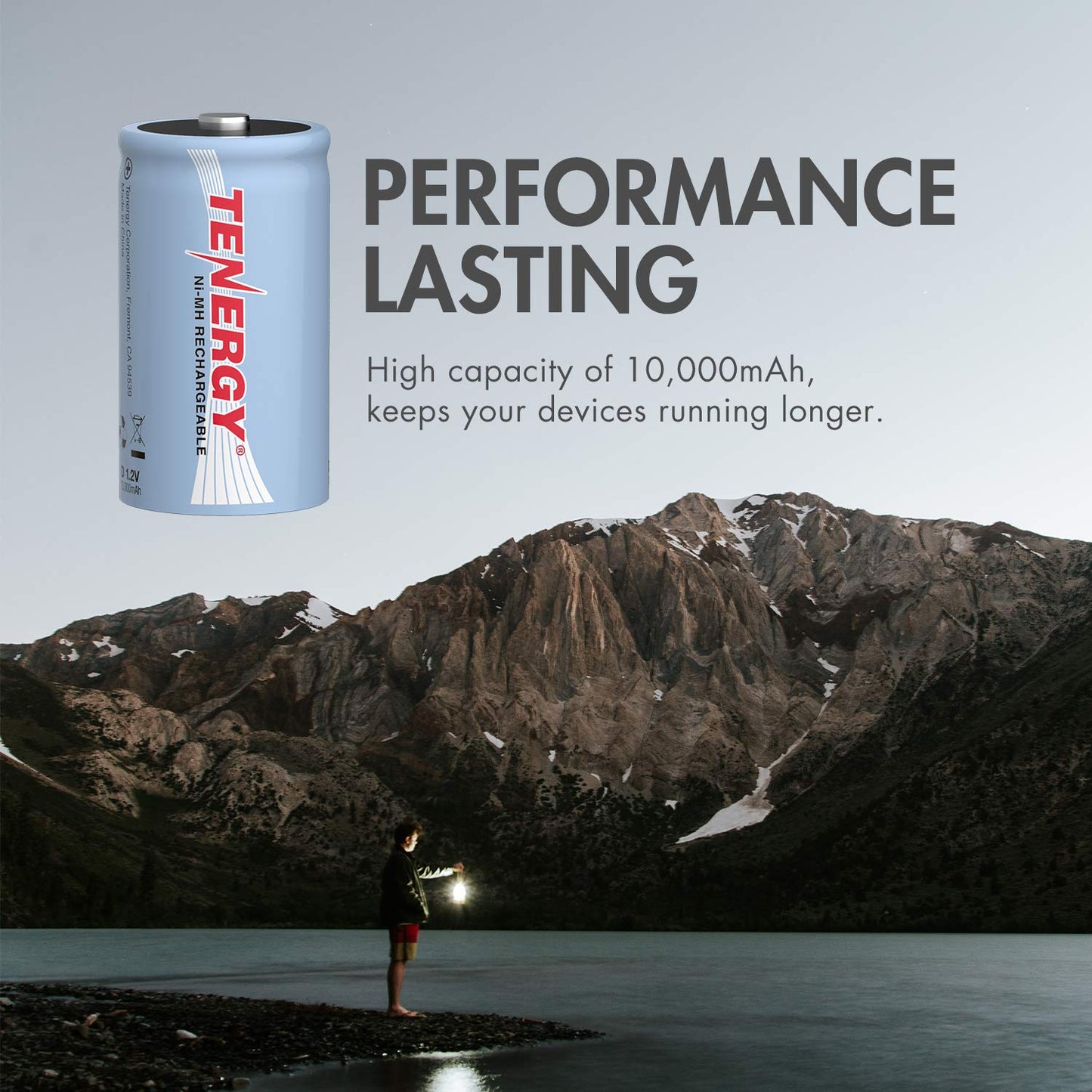 Tenergy 10000mAh NiMH D Battery, Rechargeable High Capacity D Size Battery, High Drain D Cell Batteries for Flashlight, 8-Pack - UL Certified