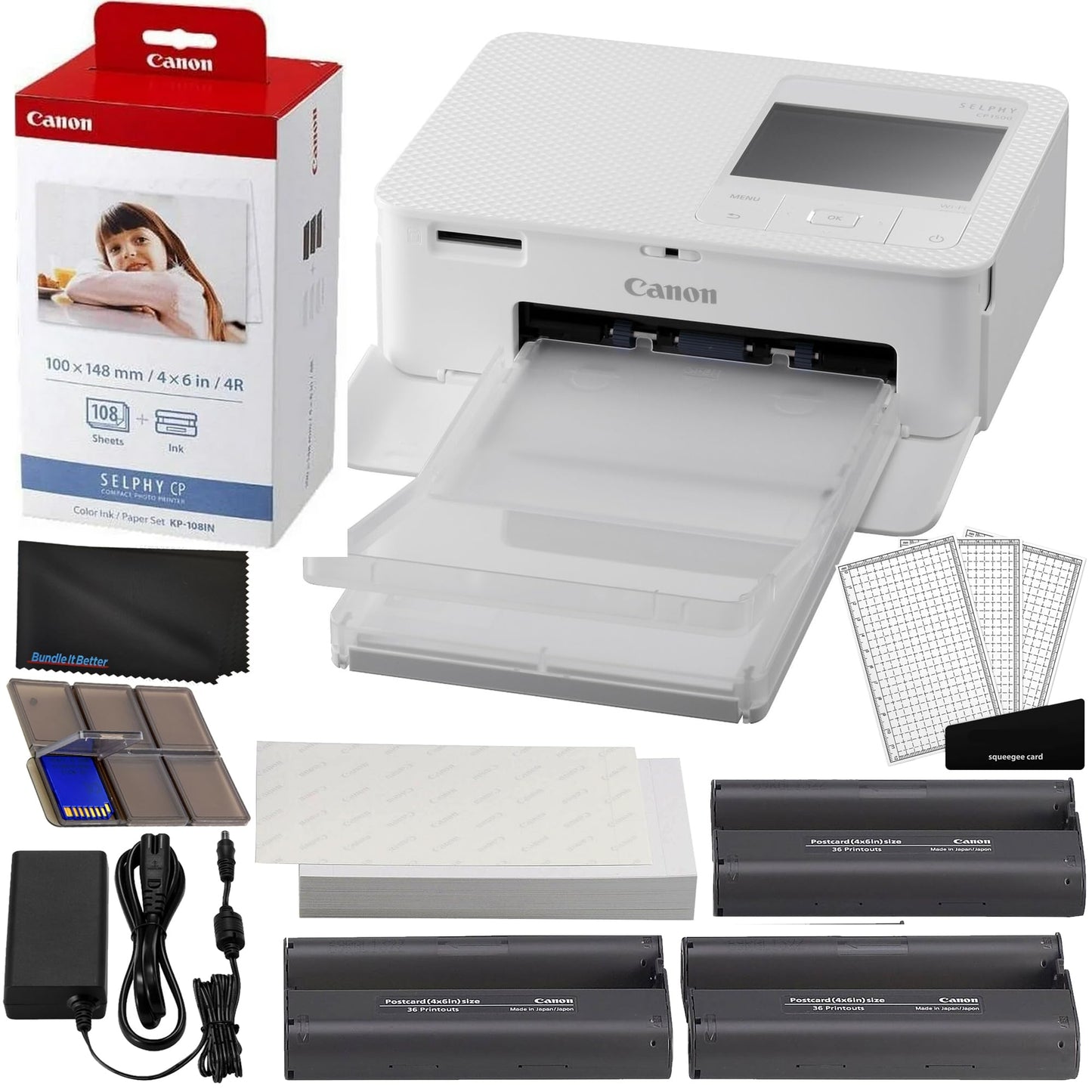 Canon Selphy CP1500 Wireless Compact Photo Printer (White) Bundle with KP-108IN Color Ink Paper Set (108 Sheets of 4x6 Paper + 3 Ink Cartridges) +