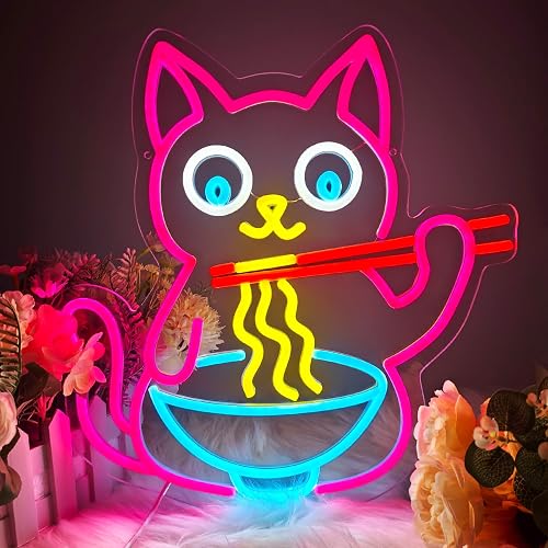 Cat Ramen Neon Sign for Wall Decor, Fun Noodles Pink Led Neon Sign for Living Room Wall Decor, Animal USB Dimmable Powered LED Light for Restaurant