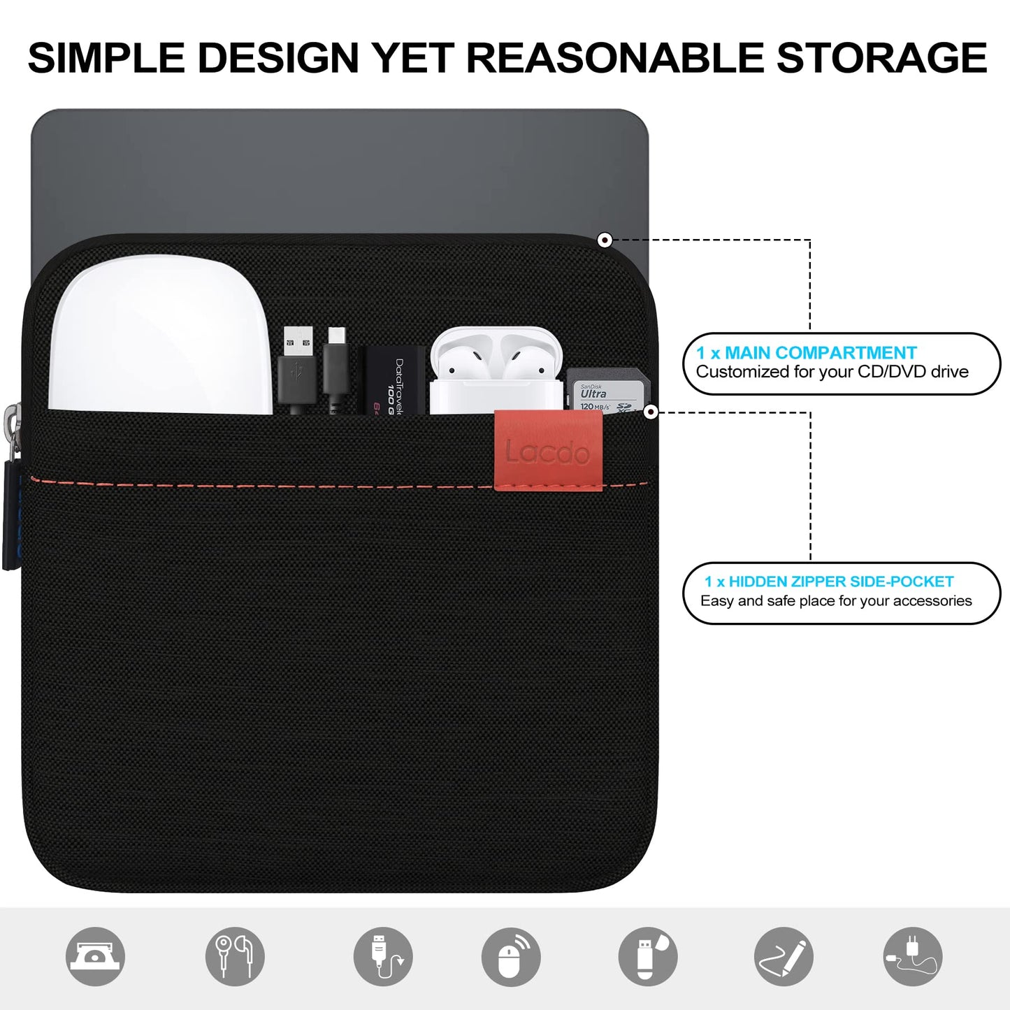 Lacdo Waterproof External USB CD DVD Writer Blu-Ray Protective Storage Carrying Case Bag Compatible Apple MD564ZM/A SuperDrive,Magic Trackpad