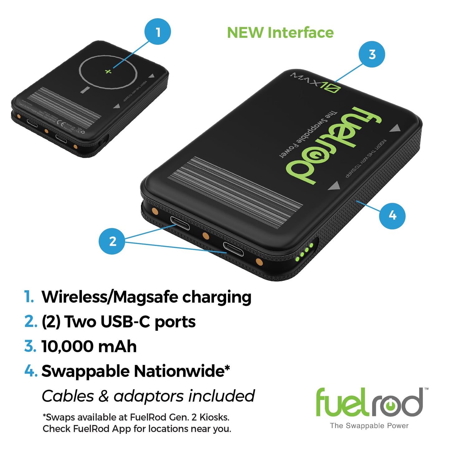 FuelRod MAX10 - High Capacity Portable Charger, Swappable Power, Wireless Charging, USB-C, 10,000mAh