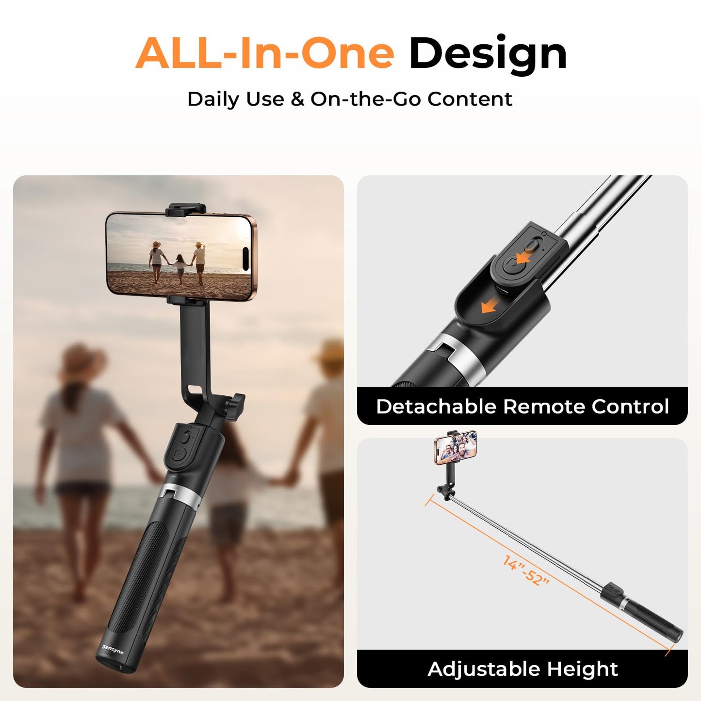 Sensyne Selfie Stick for Phone, Extendable Travel Tripod with Detachable Remote for Photography, Selfies, Compatible with All Cell Phones, Black