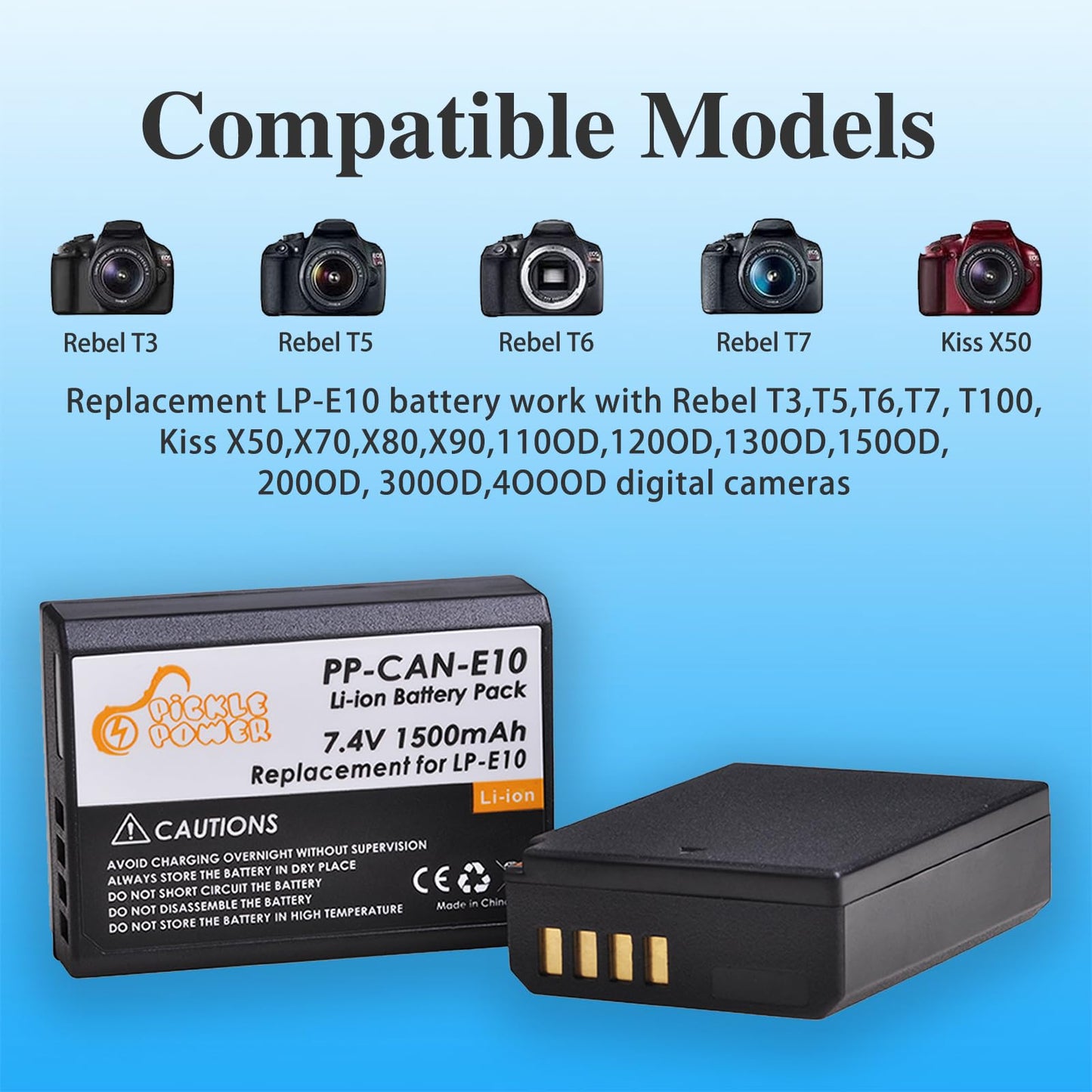 Pickle Power LP-E10 Battery 2-Pack and LED Dual Charger for Canon EOS Rebel T7 T6 T5 T3 T100, EOS 2000D, 3000D, 4000D, 1200D 1100D 1300D 1500D, KISS