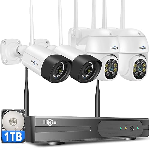 Hiseeu Security Cameras Wireless Outdoor System 5MP WiFi Security Camera IP66 Waterproof -Night Vision Motion Alert with 1TB Storage No Monthly Fees
