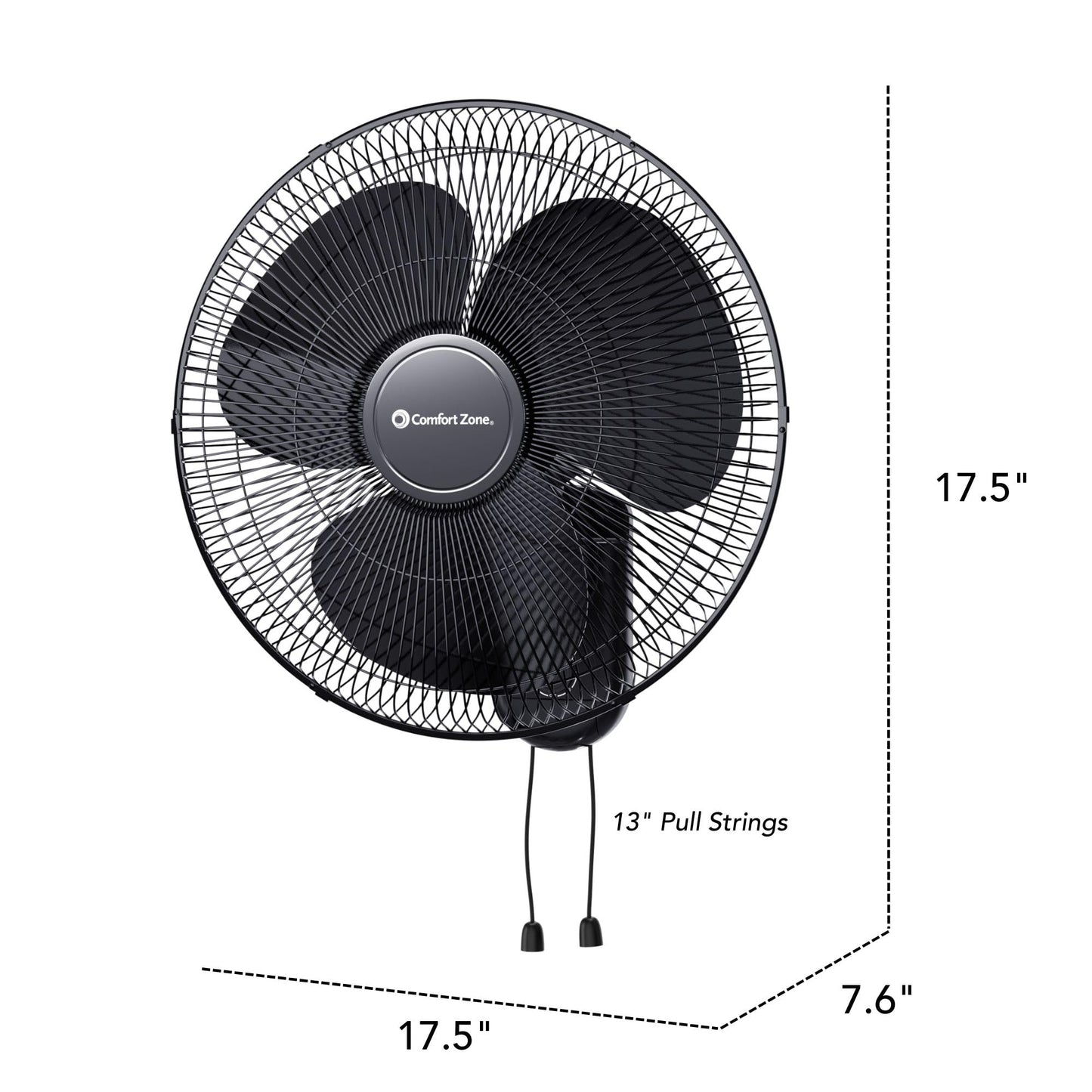 Comfort Zone 16-Inch Oscillating Wall Mount Fan - Quiet 3-Speed Indoor Fan with 60° Adjustable Tilt, Pull-Chain Control & Durable Metal Grille