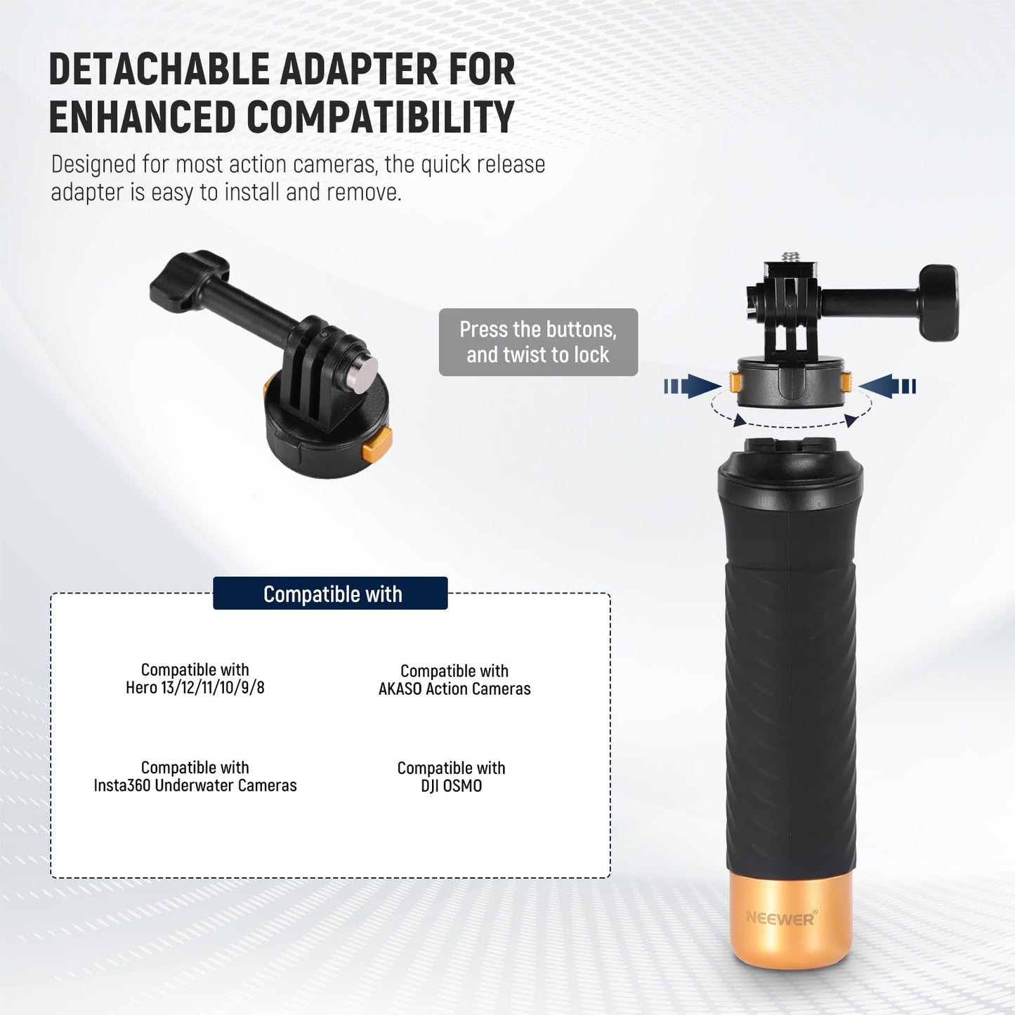 Neewer Floating Hand Grip for Action Camera with Quick Release Mount Adapter, 1/4" Screw Adapter & Wrist Strap, Underwater Handle Stick Accessories