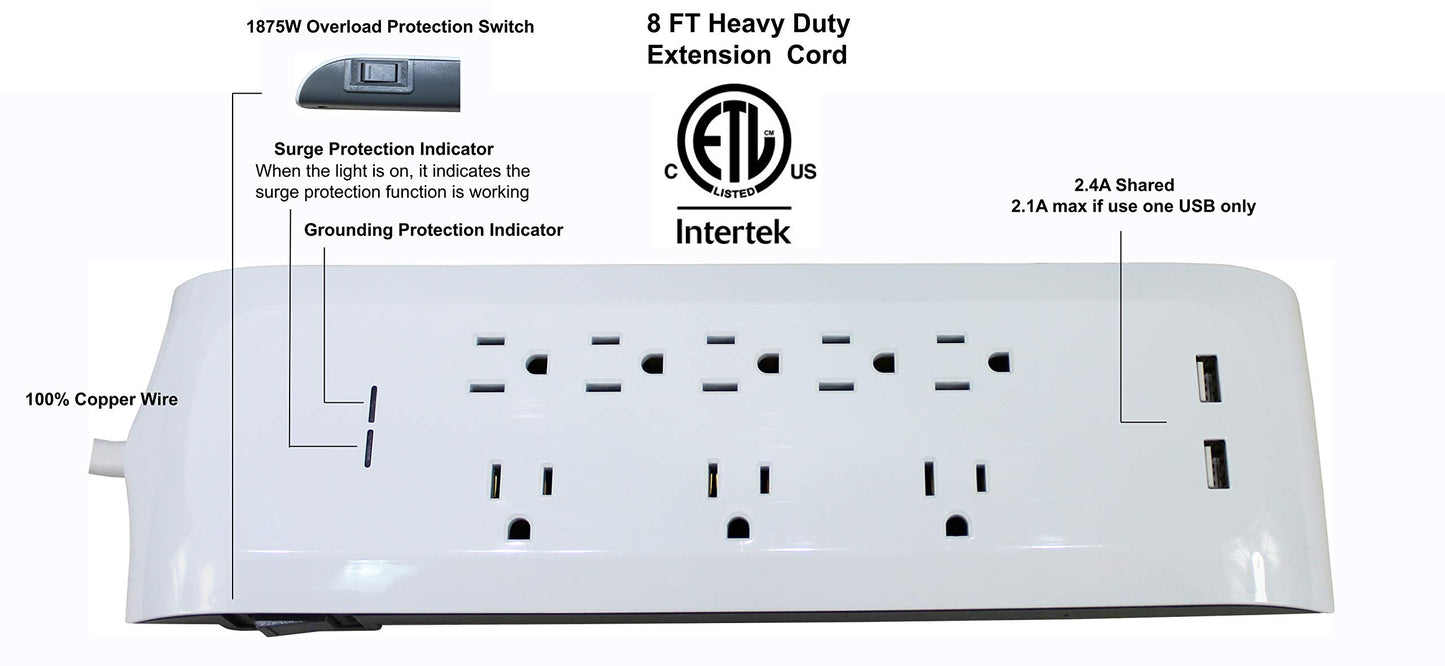 MaxWorks 50390 8-Outlet Surge Protector Power Strip, 900 Joules, 2 USB Charging Ports with 8-Foot Cord, 15A 125V, Heavy-Duty SJT 14/3 for Home