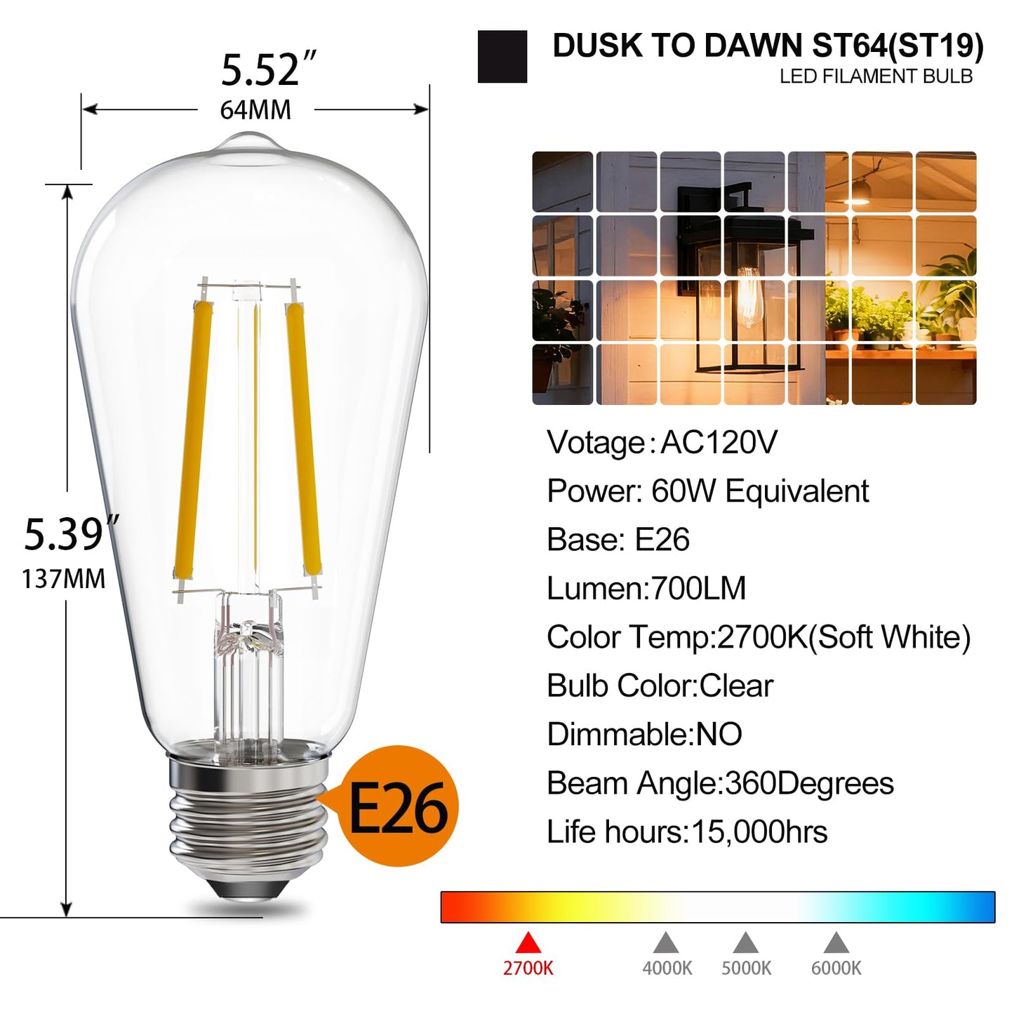 Energetic Dusk to Dawn Outdoor Sensor ST19 LED Light Bulb, 60 Watt Equivalent(6.5W), 700LM, 2700K Soft White, Vintage Filament E26 Base, Automatic