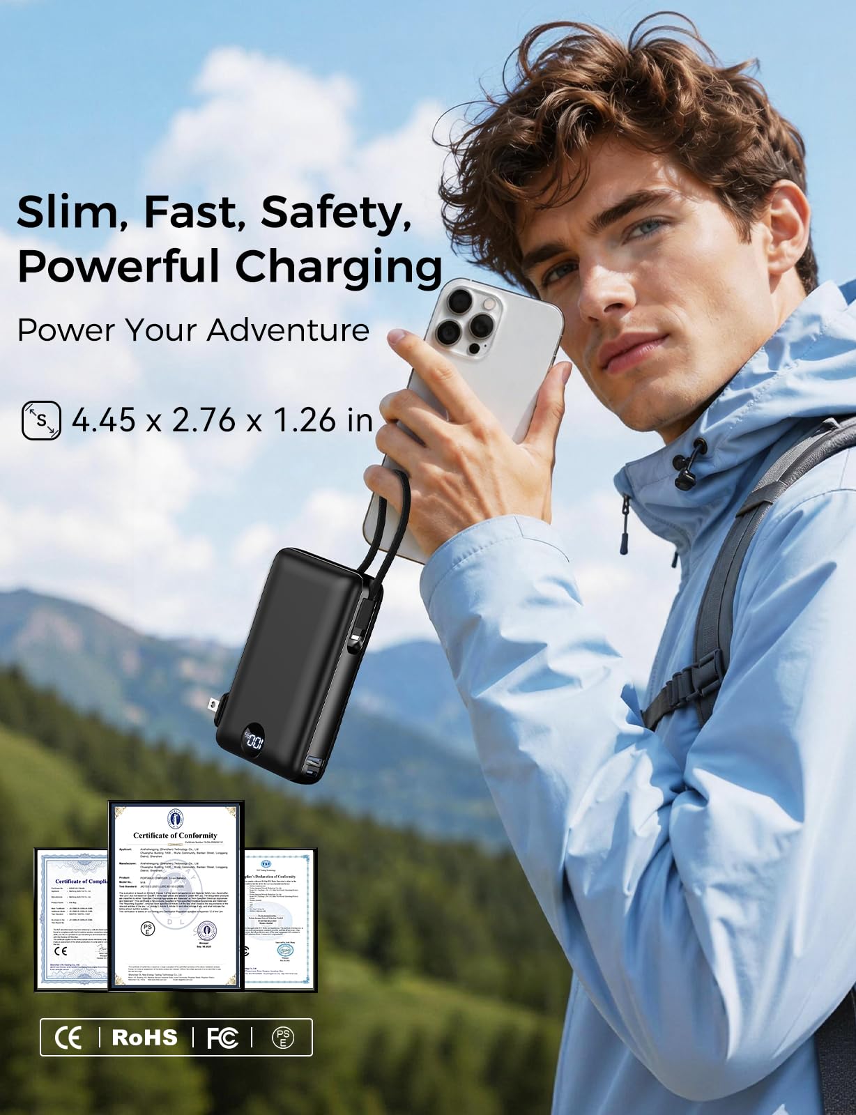 Portable Charger 10000mAh with Built-in Cables and AC Wall Plug, 22.5W Fast Charging Power Bank with LED Display for iPhone 17/16, Samsung, Android