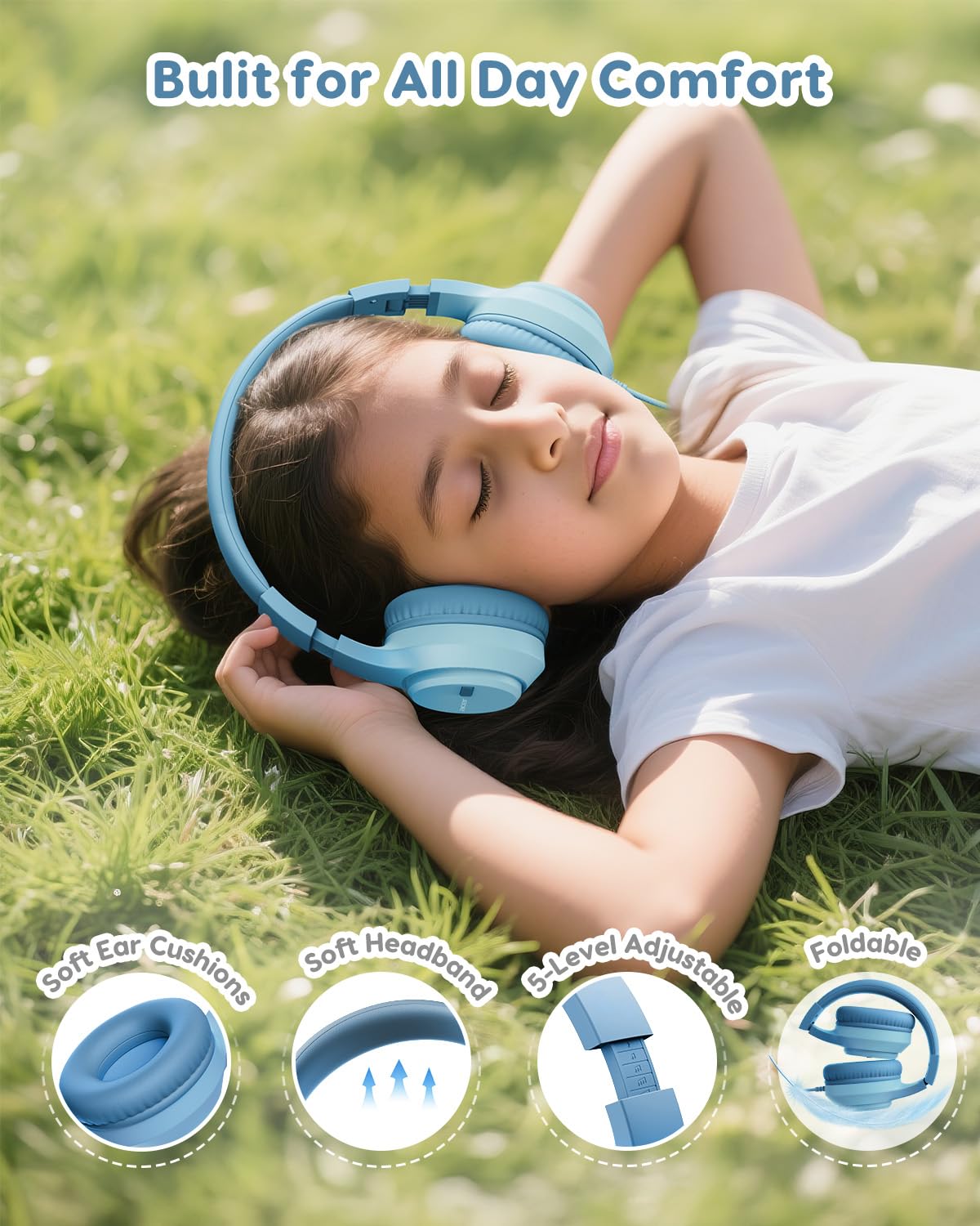 Acer Kids Headphones, 74/85/94dB Volume Limiter, Foldable Wired Over Ear Headphones for Travel, 3.5mm Jack, Toddler Headphones for School, iPad