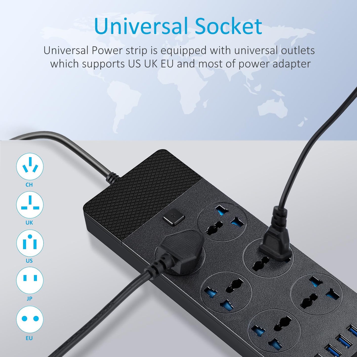 Universal Power Adapter, Jumpso 3000w Power Strip with 4 USB Ports (1 USB C), 6ft Extension Cord with International Outlets, 110-240v, European Travel