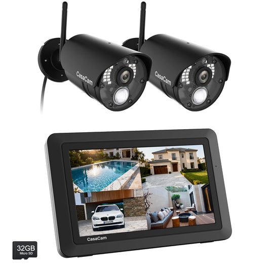 CasaCam GuardianCam Air | Wireless Security Camera System with 7" Touchscreen Monitor and 2 720p Cameras | AC Powered, Two-Way Audio, Free APP, 32GB